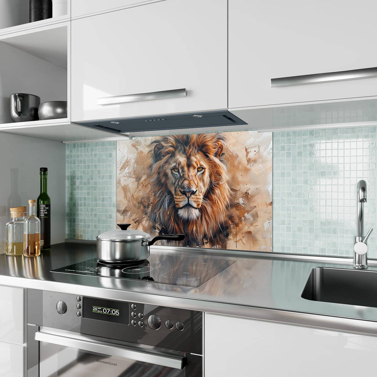 Küchenrückwand aus Glas Löwenporträt im Hochformat als Spritzschutz hinter dem Kochfeld, über dem Fliesenspiegel montiert