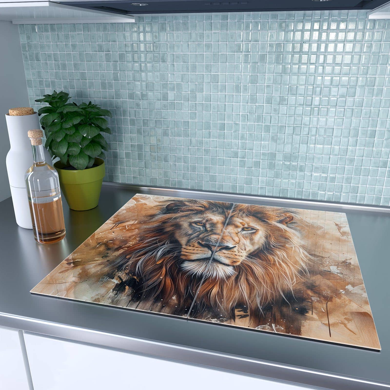 2-teilige Herdabdeckplatte aus Glas mit Löwe Porträt-Motiv auf dem Ceranfeld