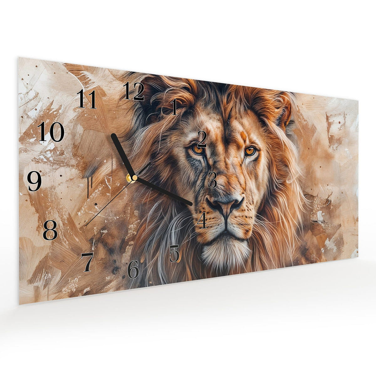 Vormontiert – mit Schwebeeffekt – Wanduhr Löwe Porträt aus Glas – Querformat 60 × 30 cm