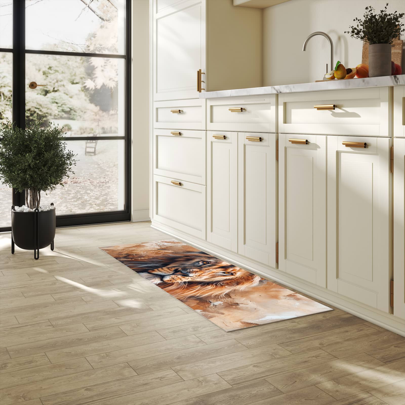 Küchenteppich mit Motiv Löwe Porträt für Ordnung & Übersicht in heller Küche