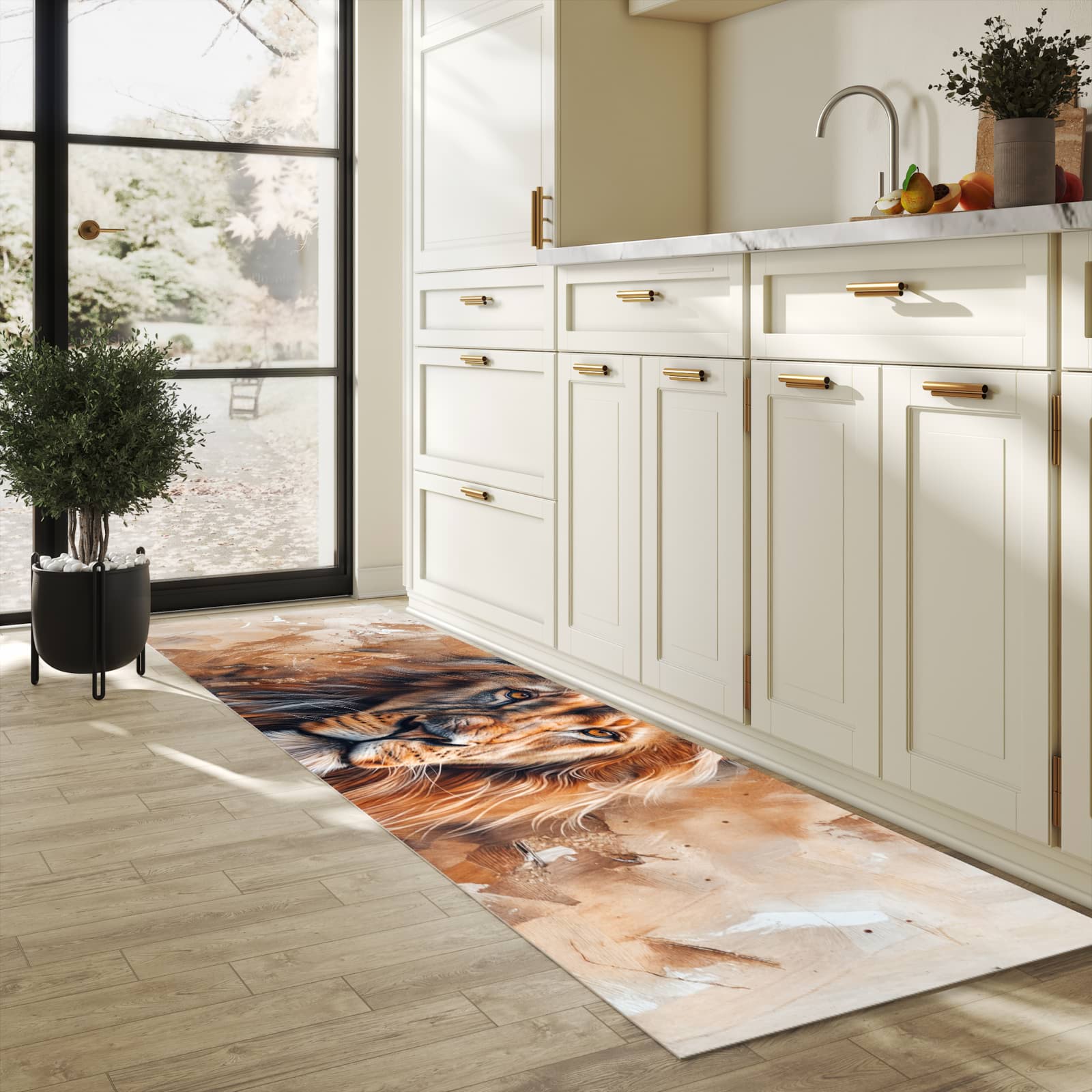 UV-beständiger Küchenteppich mit Motiv Löwe Porträt in heller Küche