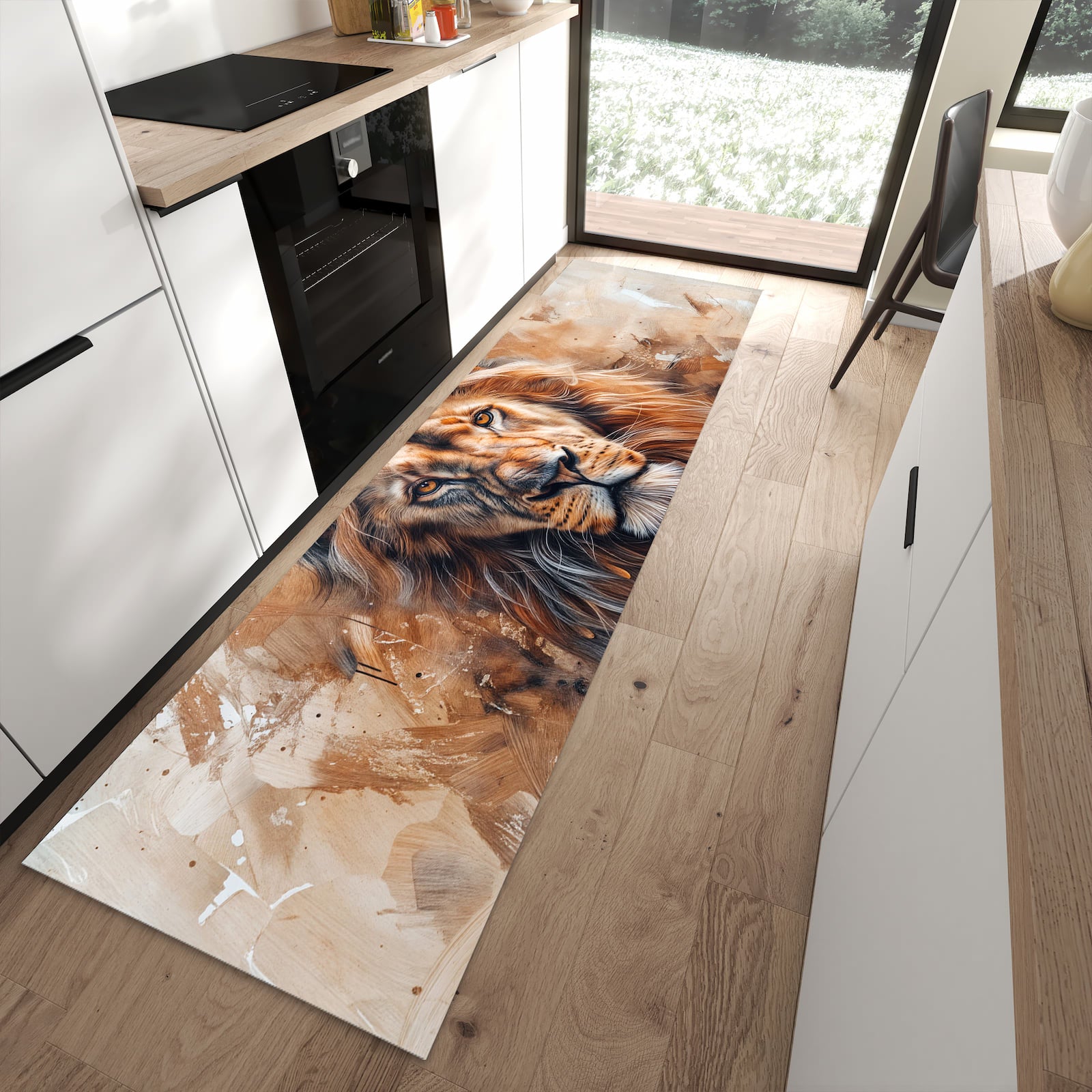 Abwaschbarer Küchenläufer mit Motiv Löwe Porträt in moderner Küche