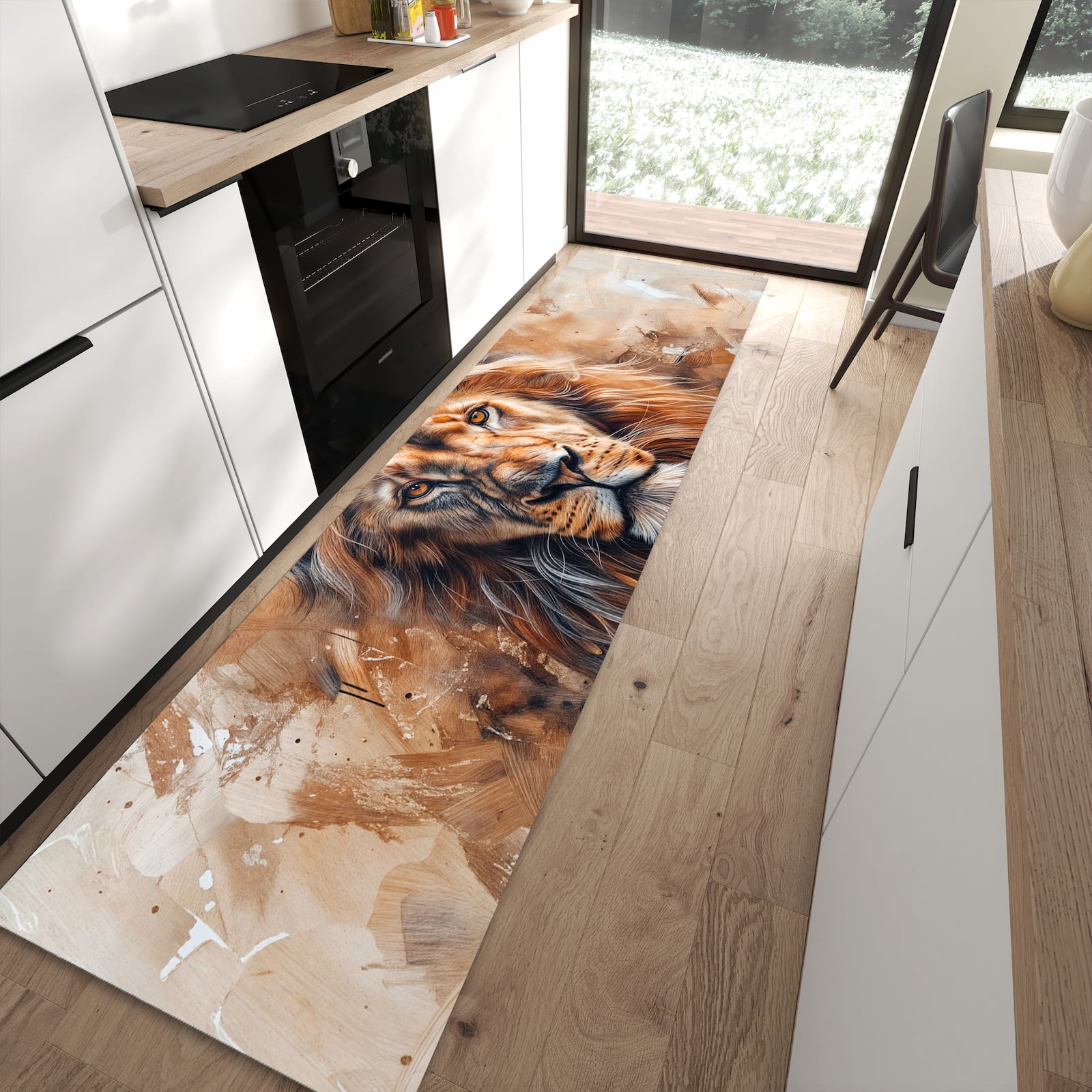 Zeitsparender abwaschbarer Küchenteppich mit Motiv Löwe Porträt in moderner Küche