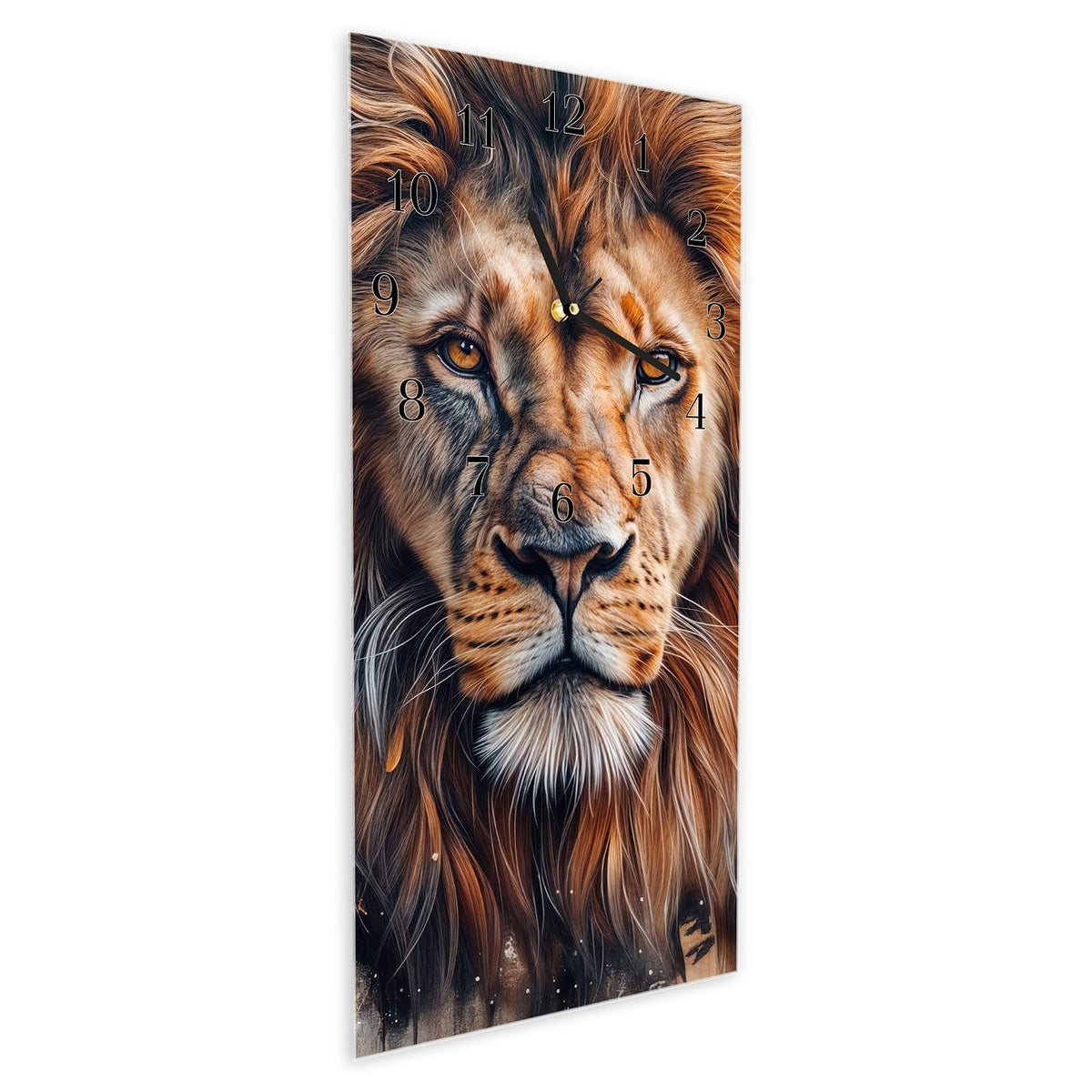 Vormontiert – mit Schwebeeffekt – Wanduhr Löwe Porträt aus Glas – Hochformat 30 × 60 cm