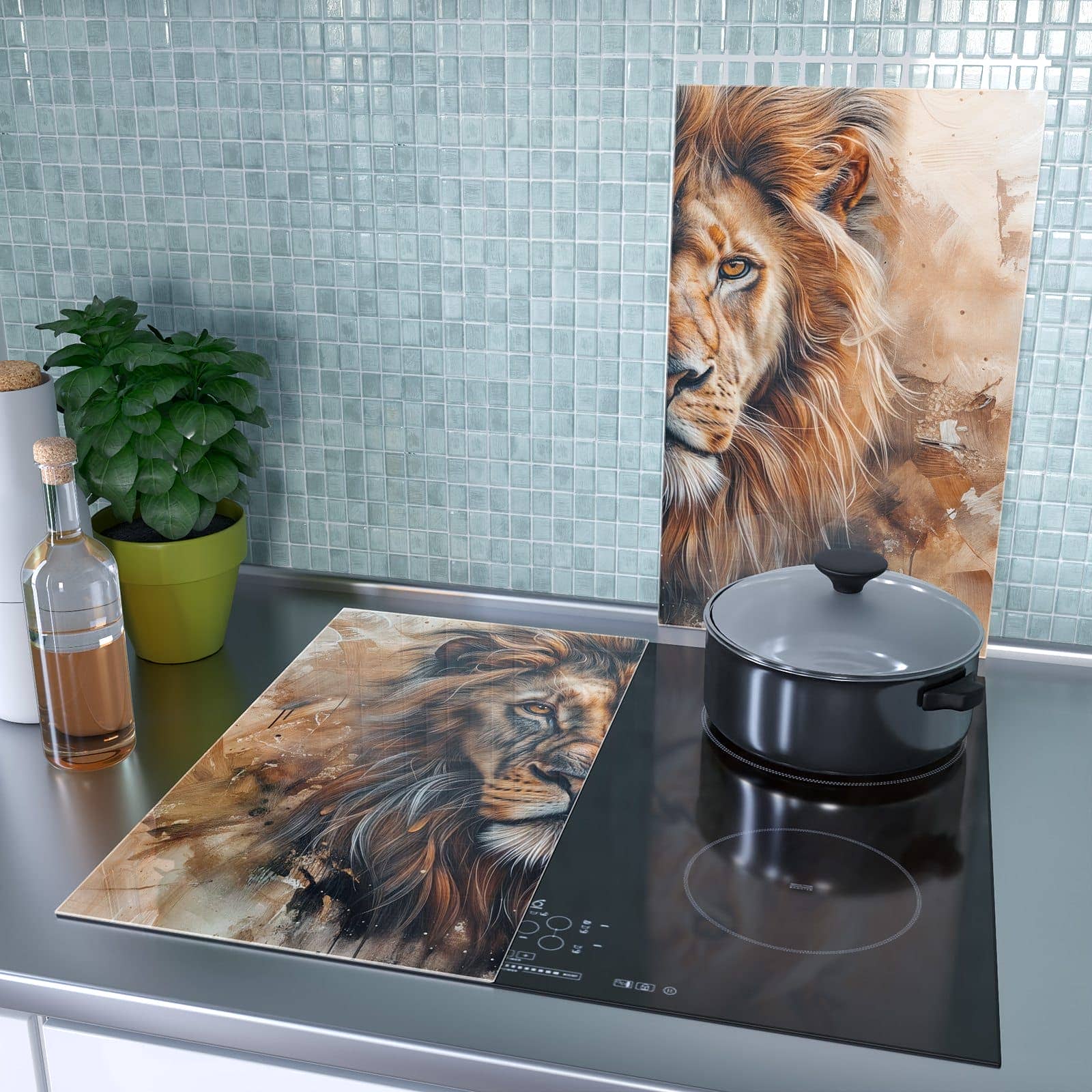 2-teilige Ceranfeld Abdeckplatten mit Löwe Porträt-Motiv als Spritzschutz hinter dem Kochfeld