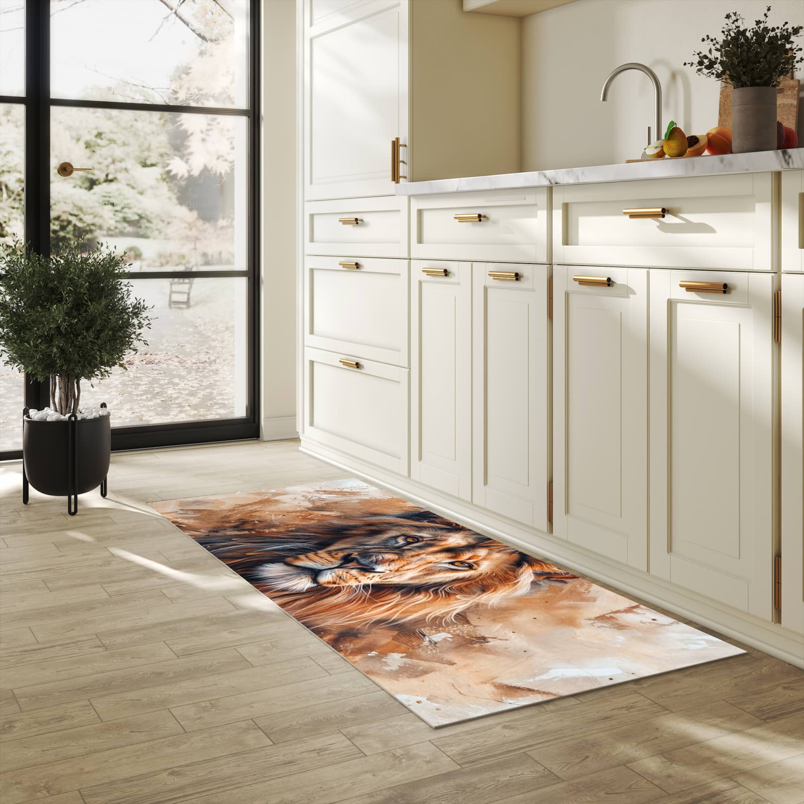 Zeitsparender Küchenteppich mit Motiv Löwe Porträt in heller Küche - leicht waschbar