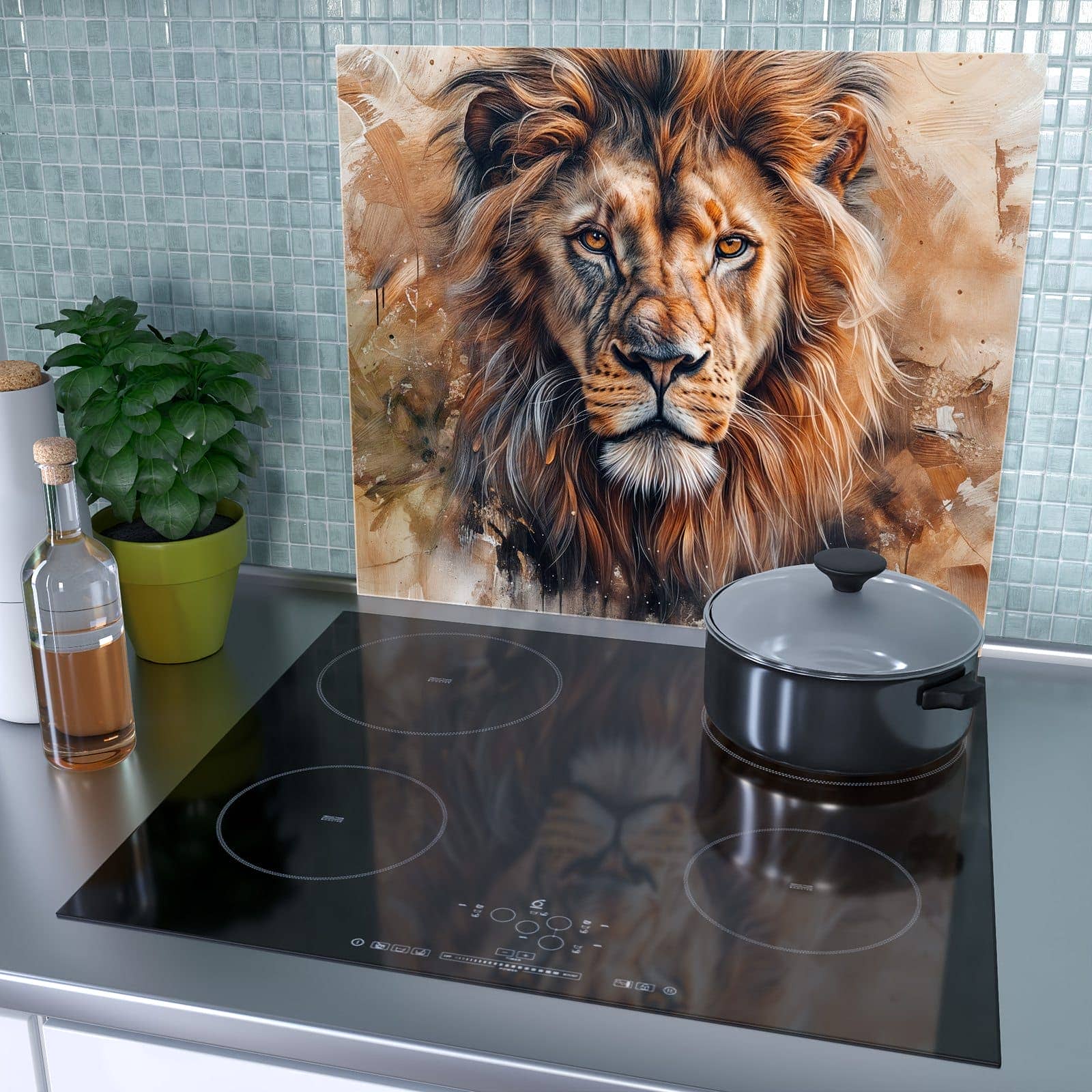 1-teilige Herd Schutzplatte mit Löwe Porträt-Motiv als Spritzschutz hinter dem Kochfeld