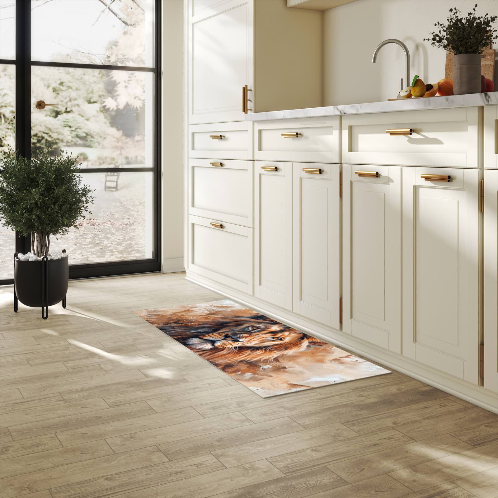 Bodenschonender Bodenläufer-Teppich mit Motiv Löwe Porträt in heller Küche