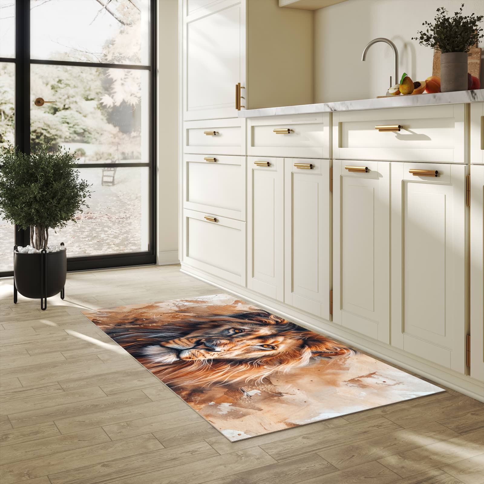 Waschbarer Küchenteppich mit Motiv Löwe Porträt für Trittkomfort in heller Küche