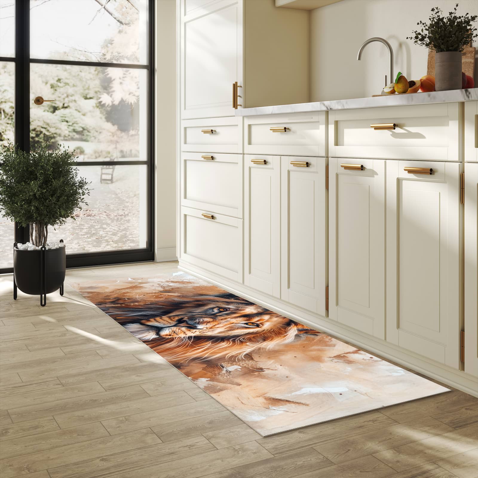 Geräuschdämpfender waschbarer Küchenteppich mit Motiv Löwe Porträt in heller Küche