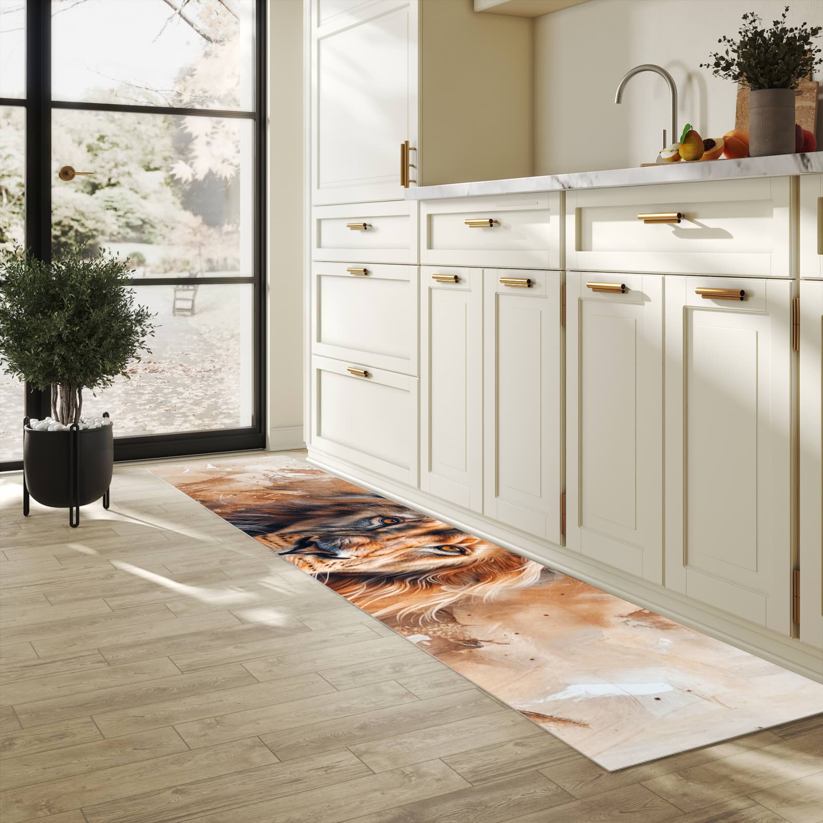 Formstabiler rutschfester Küchenteppich mit Motiv Löwe Porträt in heller Küche