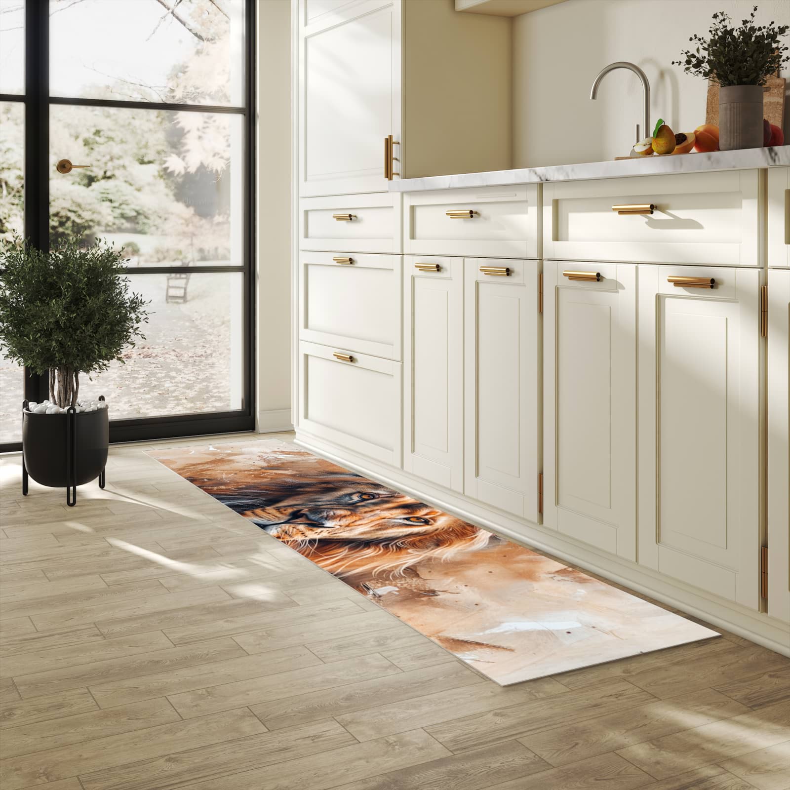 Farbbeständiger Küchenteppich mit Motiv Löwe Porträt in heller Küche