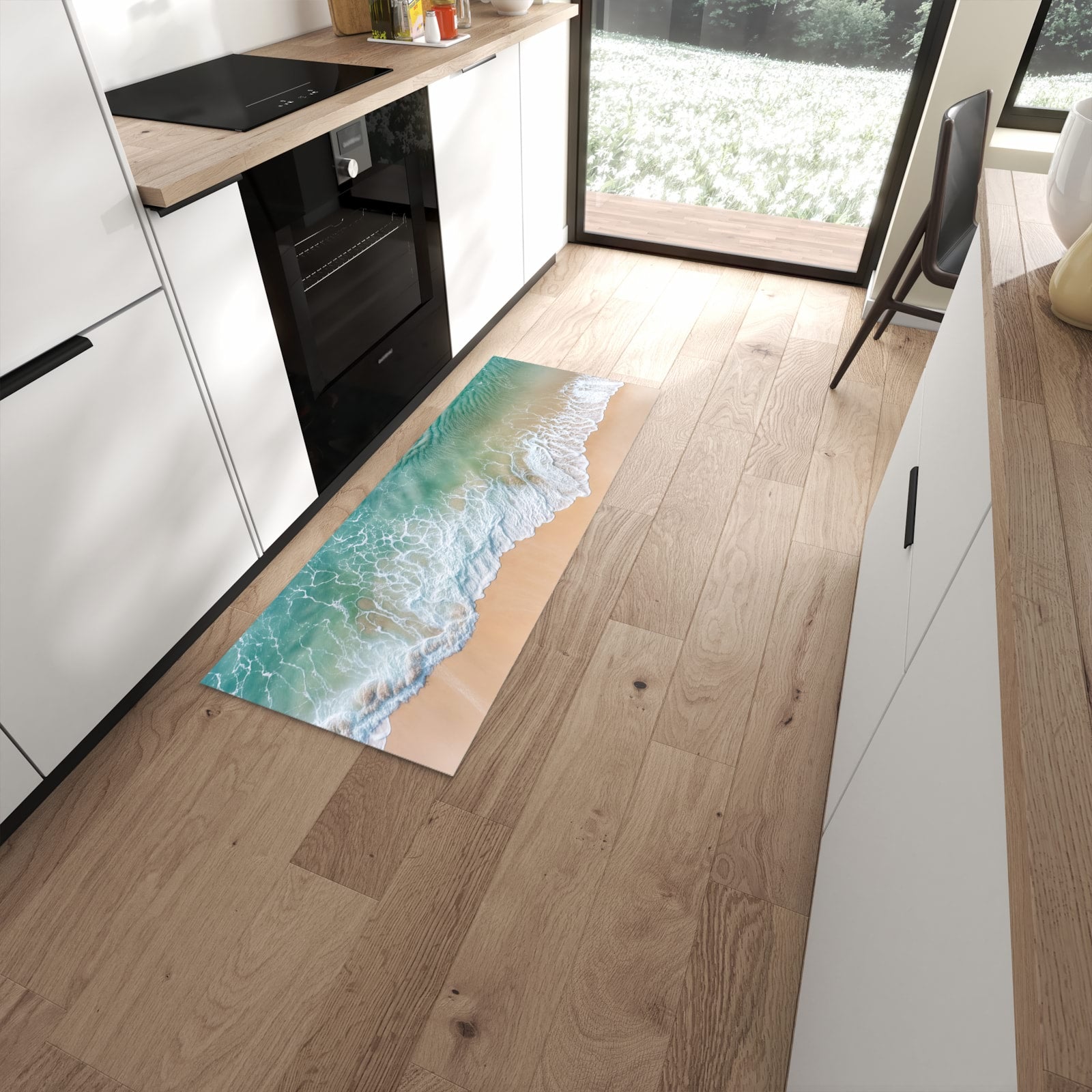 Fleckenresistenter waschbarer Küchenteppich mit Motiv Stille Meereswellen in moderner Küche #grösse_60 x 150 cm