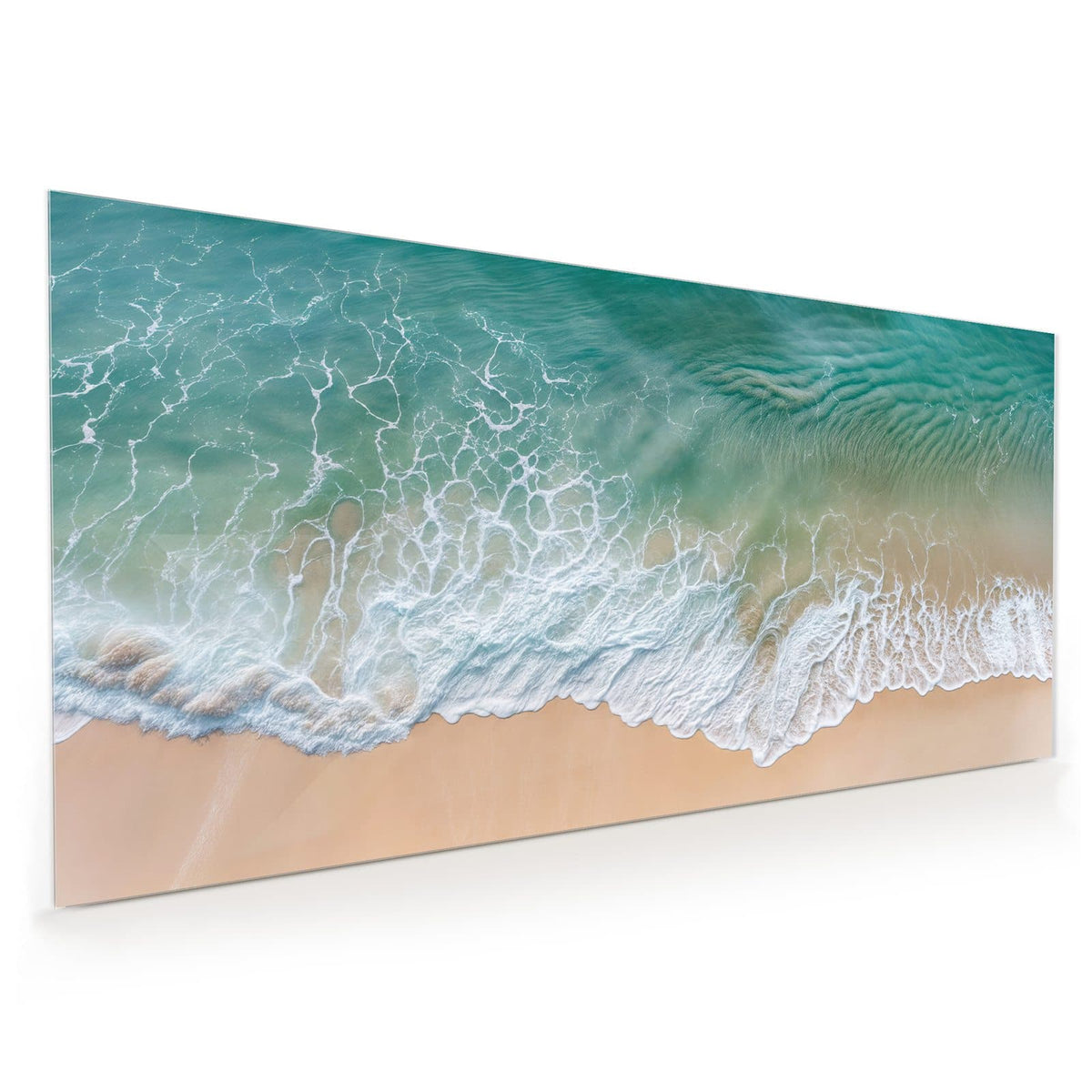 Küchenrückwand aus Glas im Hochformat mit Motiv Brandung aus der Luft: Luftbild: türkisgrünes Wasser mit weißem Schaumgeflecht auf sehr hellem Sand