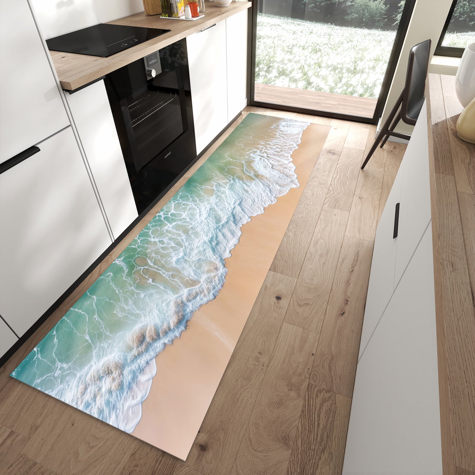 Waschbarer Küchenteppich mit Motiv Stille Meereswellen in moderner Küche