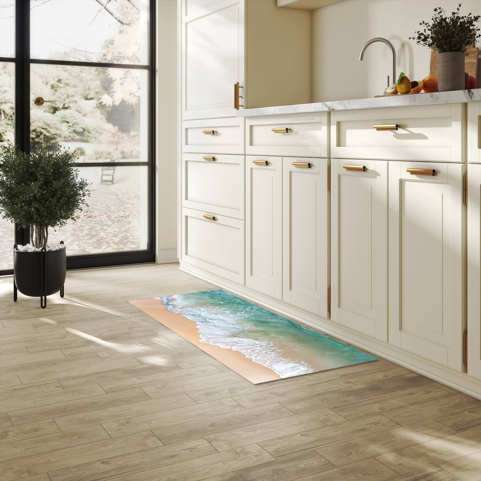 Langlebiger Teppichläufer mit Motiv Stille Meereswellen in heller Küche