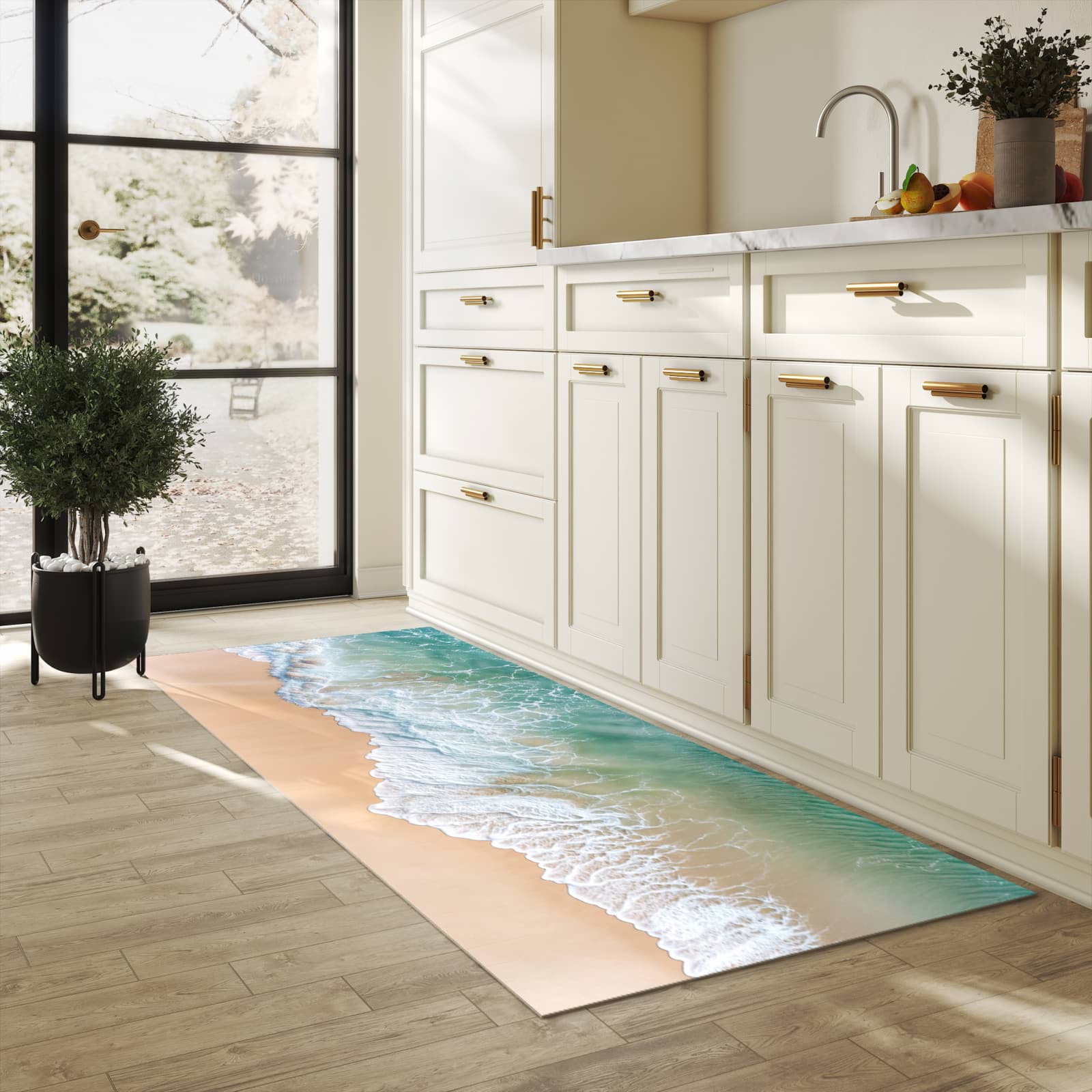 Rutschfester Küchenteppich mit Motiv Stille Meereswellen in heller Küche