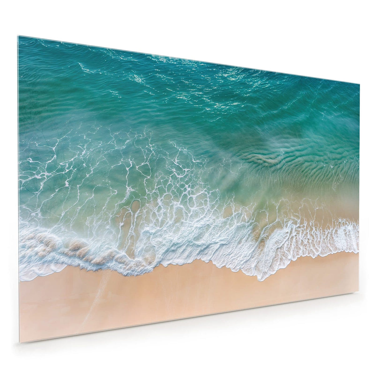 Küchenrückwand aus Glas im Hochformat mit Motiv Brandung aus der Luft: Luftbild: türkisgrünes Wasser mit weißem Schaumgeflecht auf sehr hellem Sand
