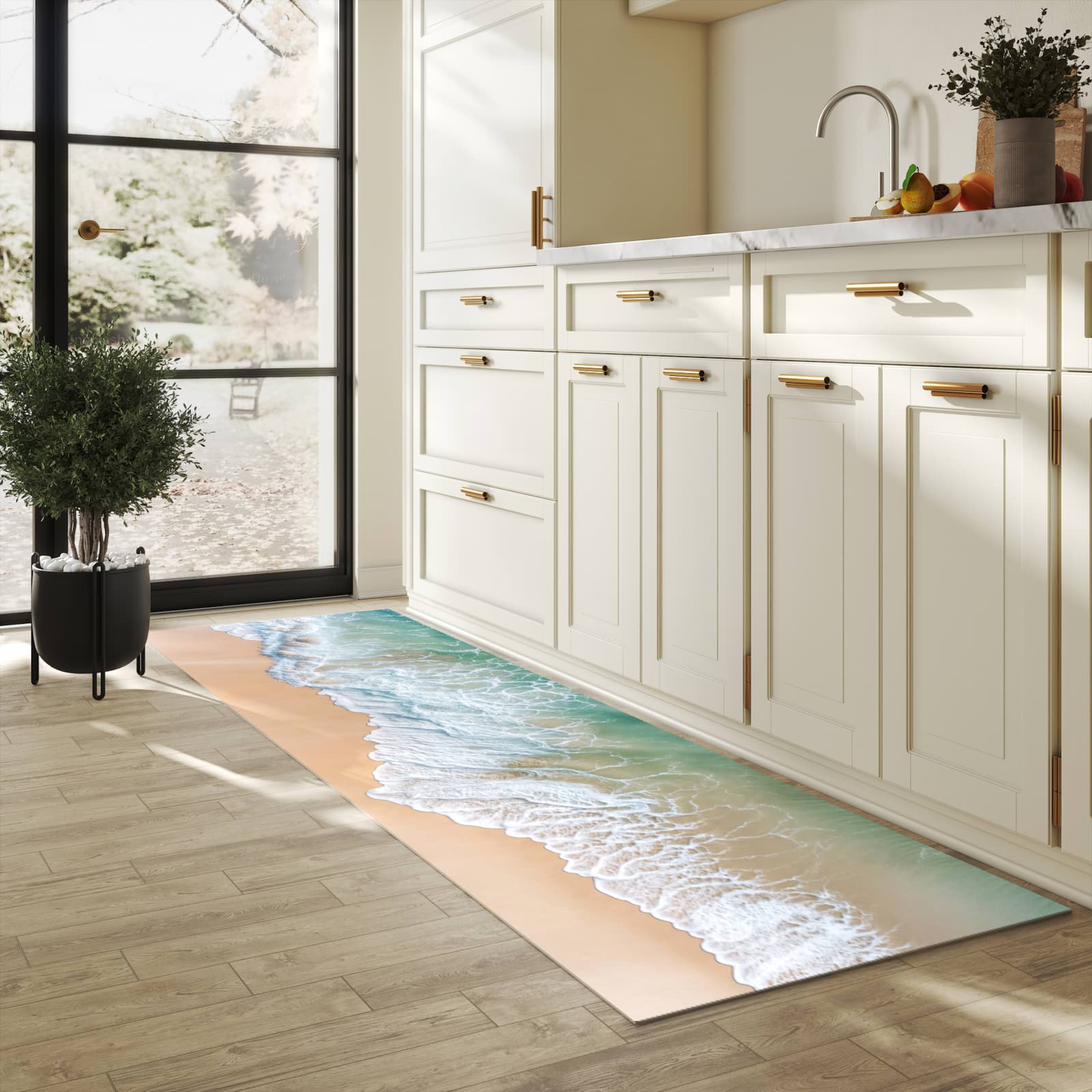Strapazierfähiger dünner Küchenteppich mit Motiv Stille Meereswellen in heller Küche