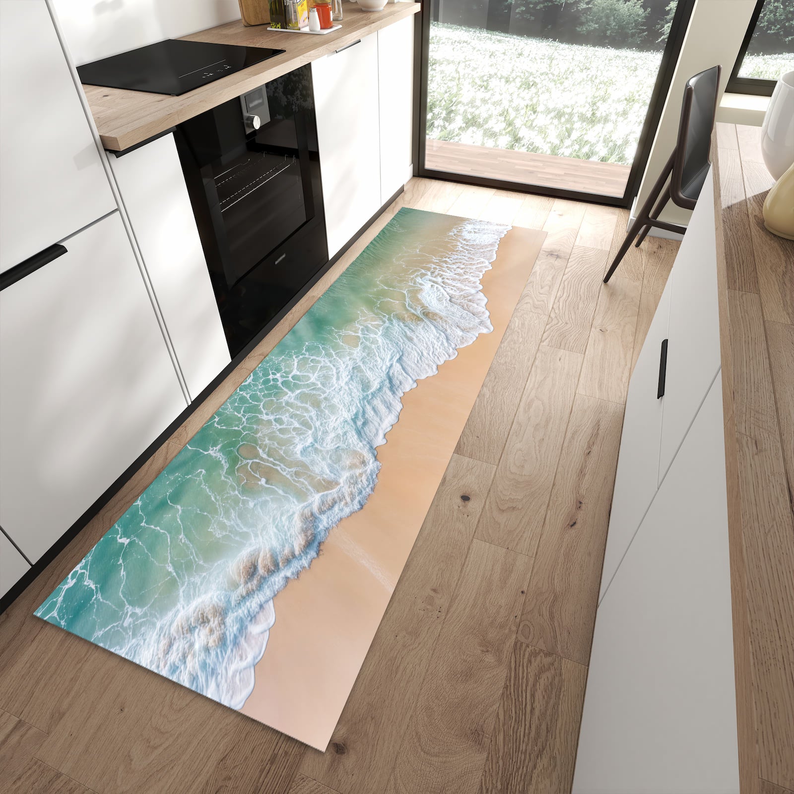 Rutschfester Küchenteppich mit Motiv Stille Meereswellen in moderner Küche