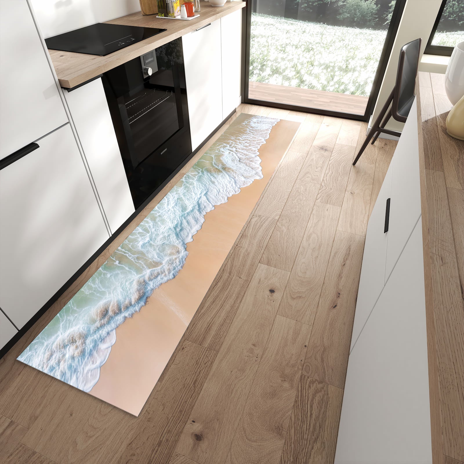 Langlebiger Küchenteppich mit Motiv Stille Meereswellen in moderner Küche