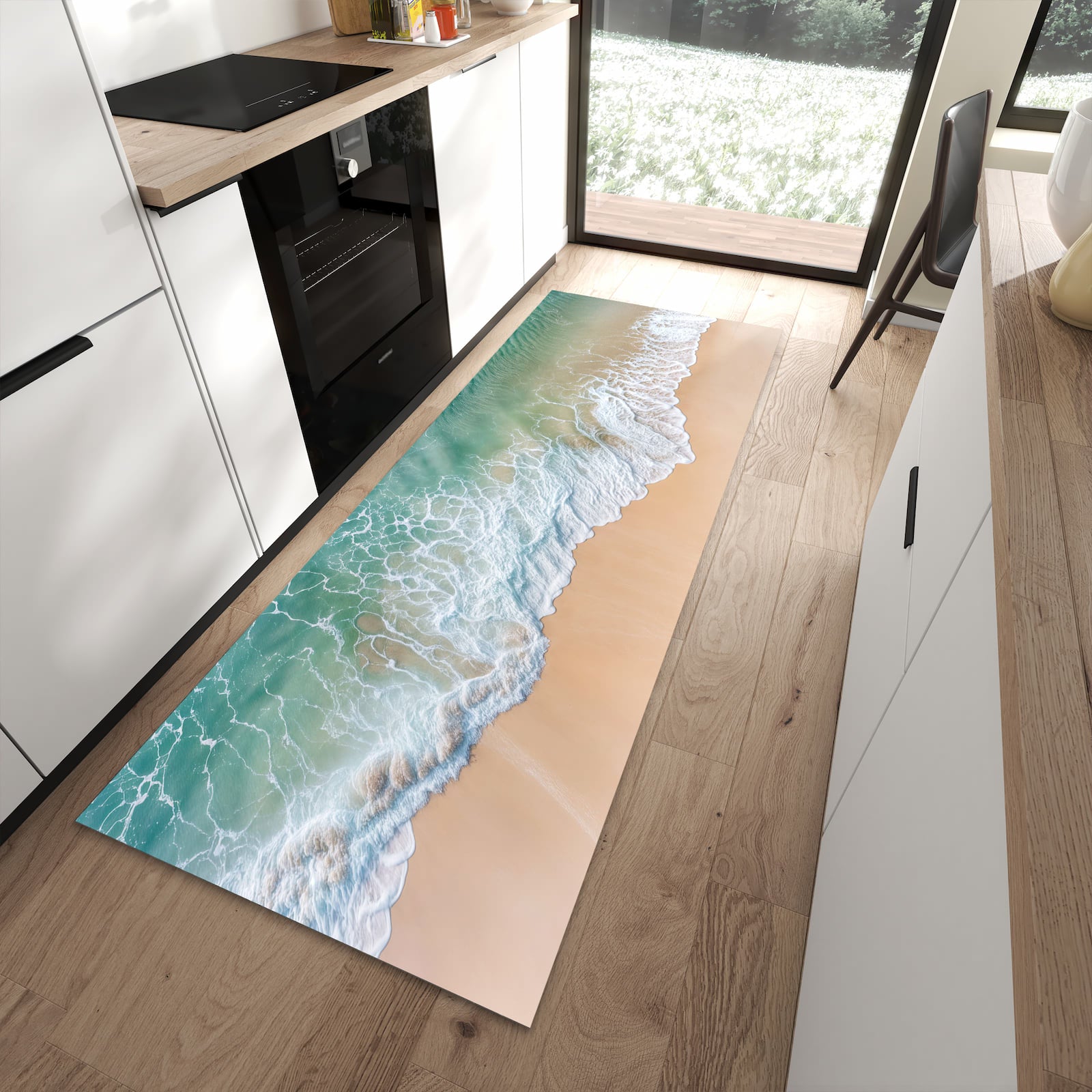 Strapazierfähiger Küchenläufer mit Motiv Stille Meereswellen in moderner Küche