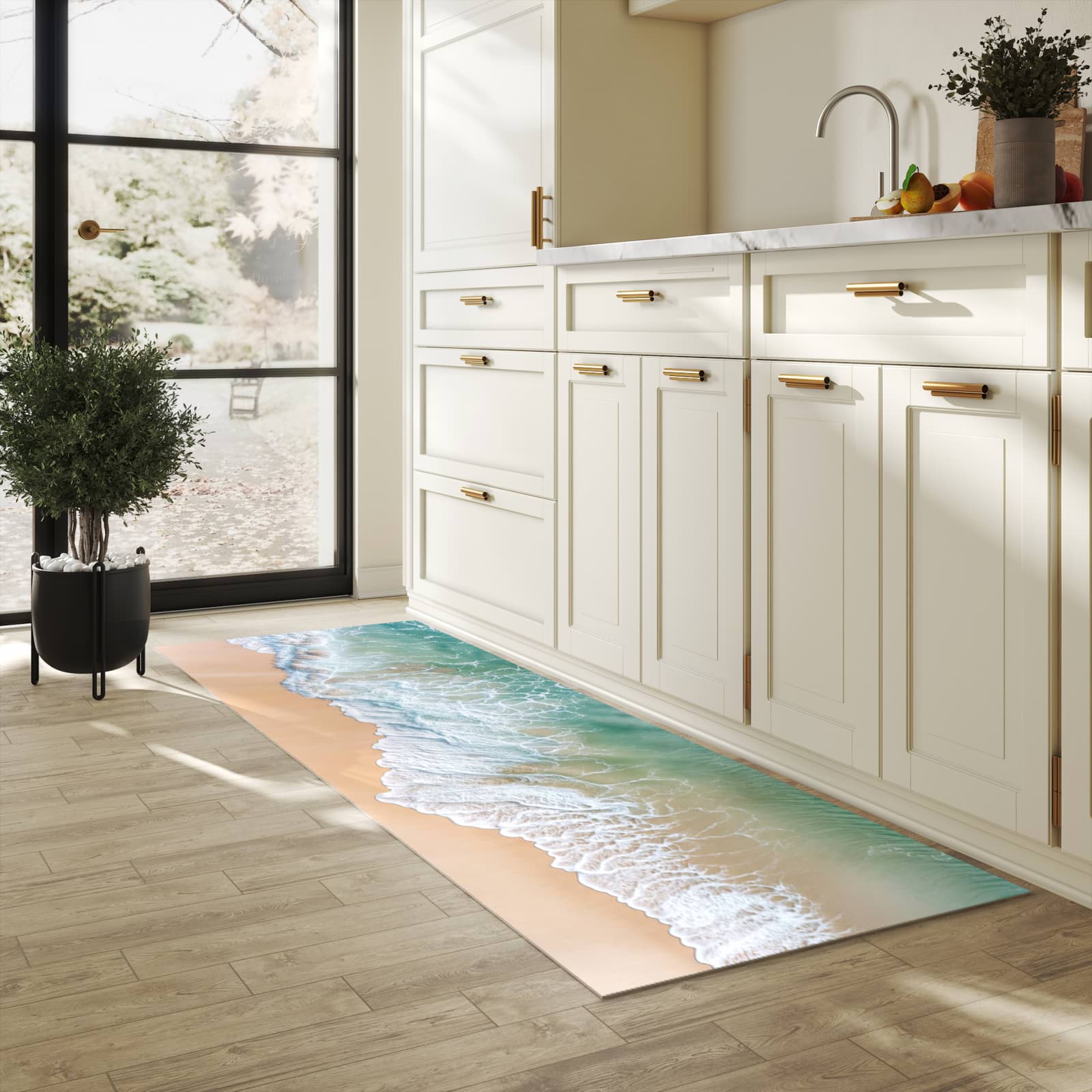 Hygienischer rutschfester Küchenteppich mit Motiv Stille Meereswellen in heller Küche