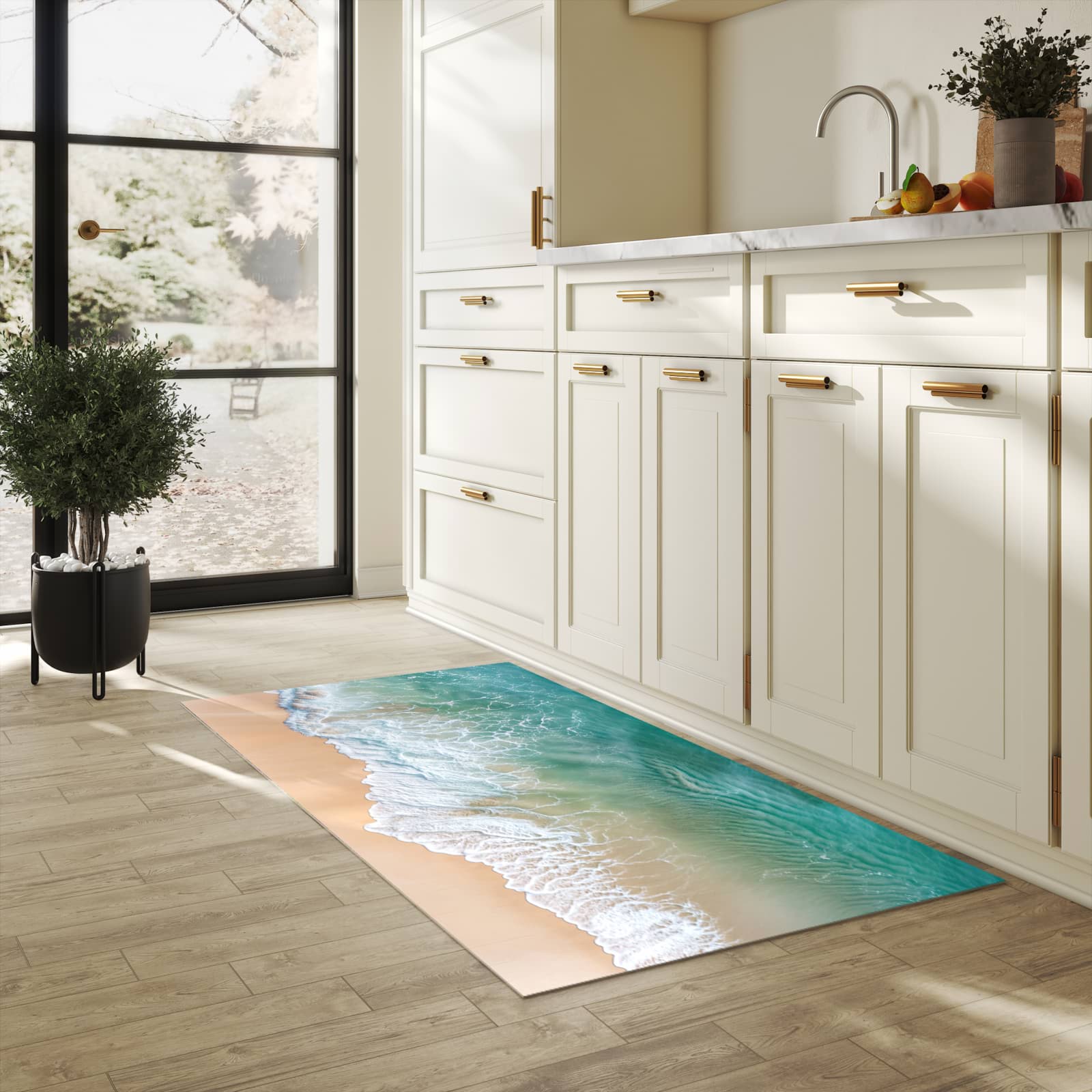 Langlebiger Teppich für Esstisch mit Motiv Stille Meereswellen in heller Küche, waschbar