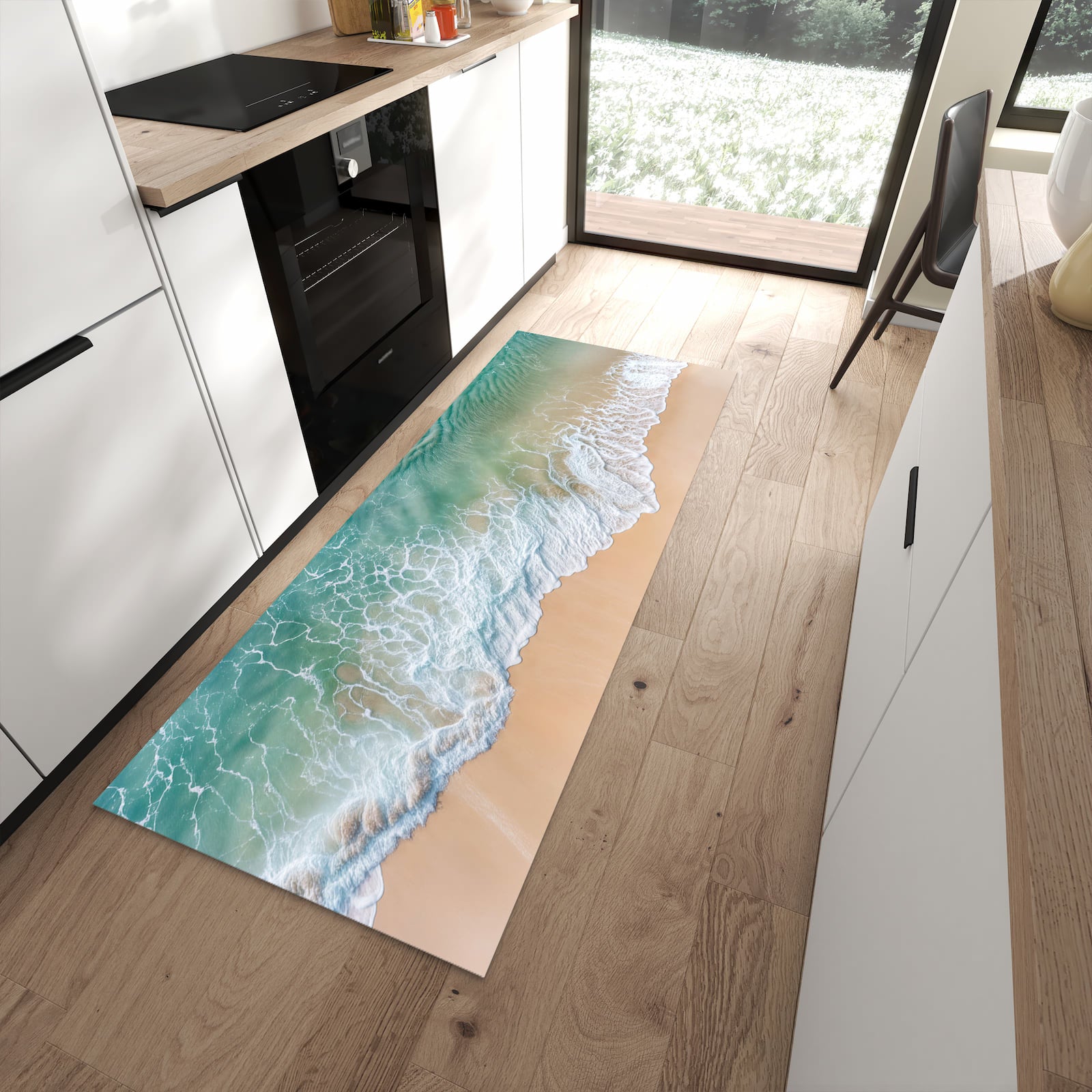 Komfortabler großer Küchenteppich mit Motiv Stille Meereswellen in moderner Küche
