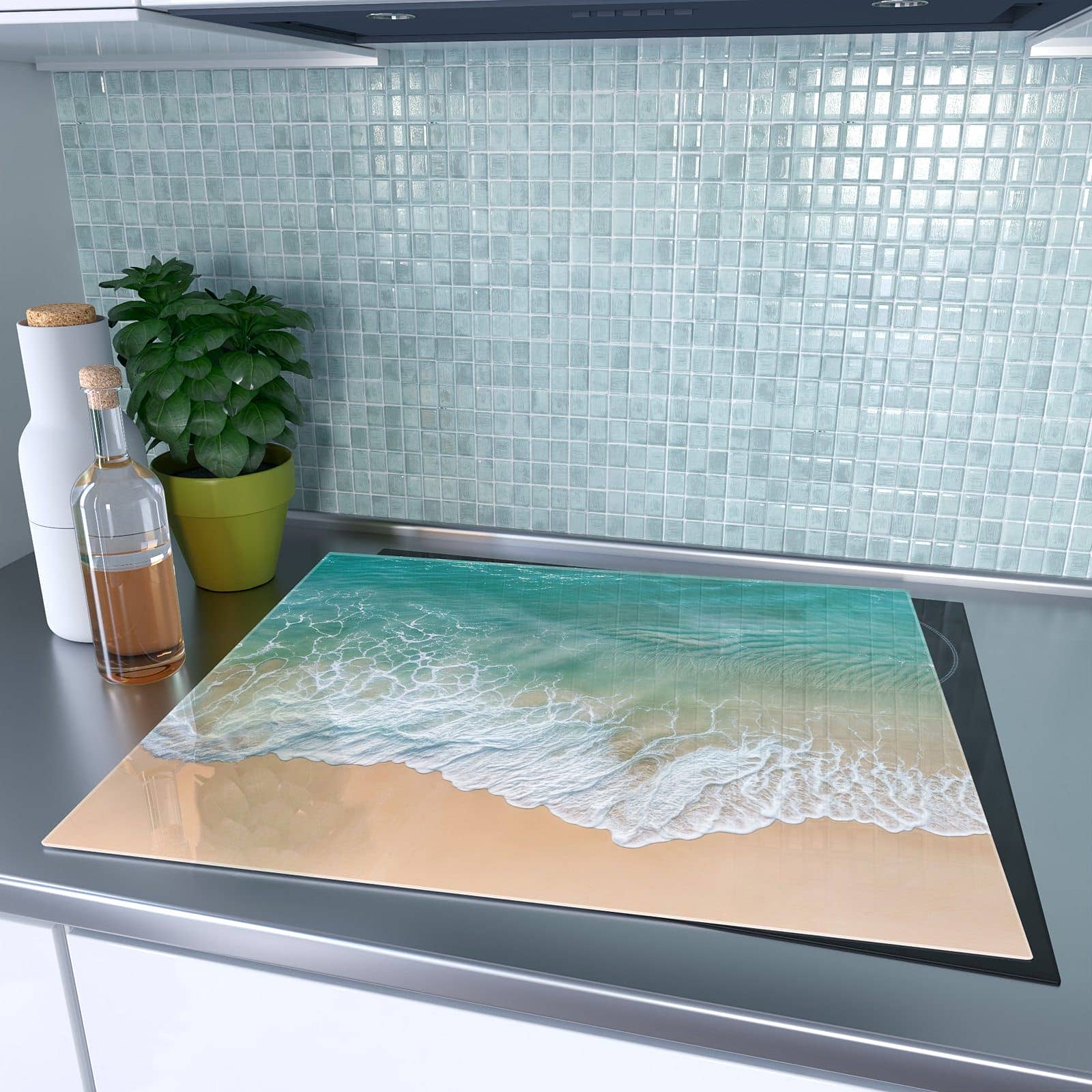 1-teilige Herdabdeckplatte mit Stille Meereswellen-Motiv auf dem Ceranfeld