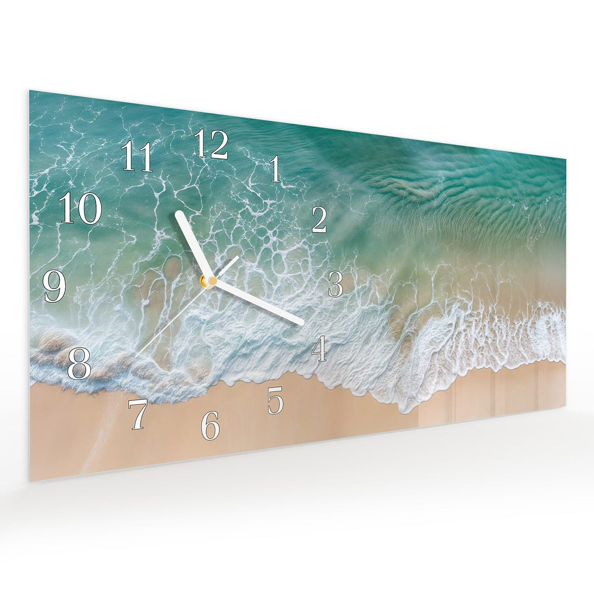Vormontiert – mit Schwebeeffekt – Wanduhr Stille Meereswellen aus Glas – Querformat 60 × 30 cm