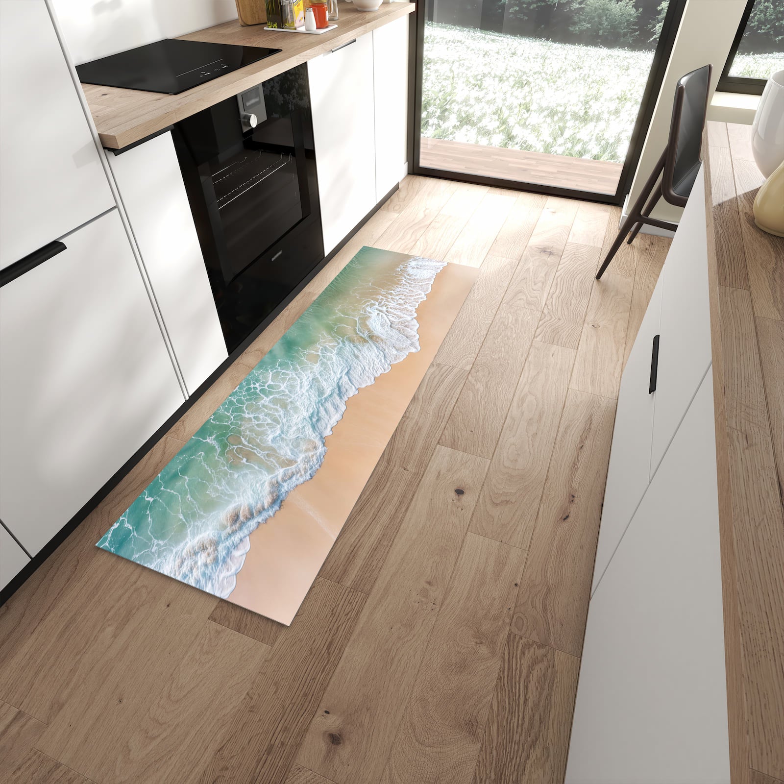 Schmutzabweisender Küchenteppich mit Motiv Stille Meereswellen in moderner Küche