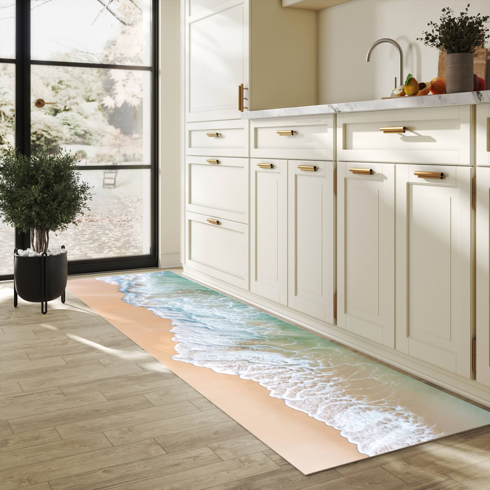 Waschbarer Teppich fürs Esszimmer mit Motiv Stille Meereswellen in heller Küche