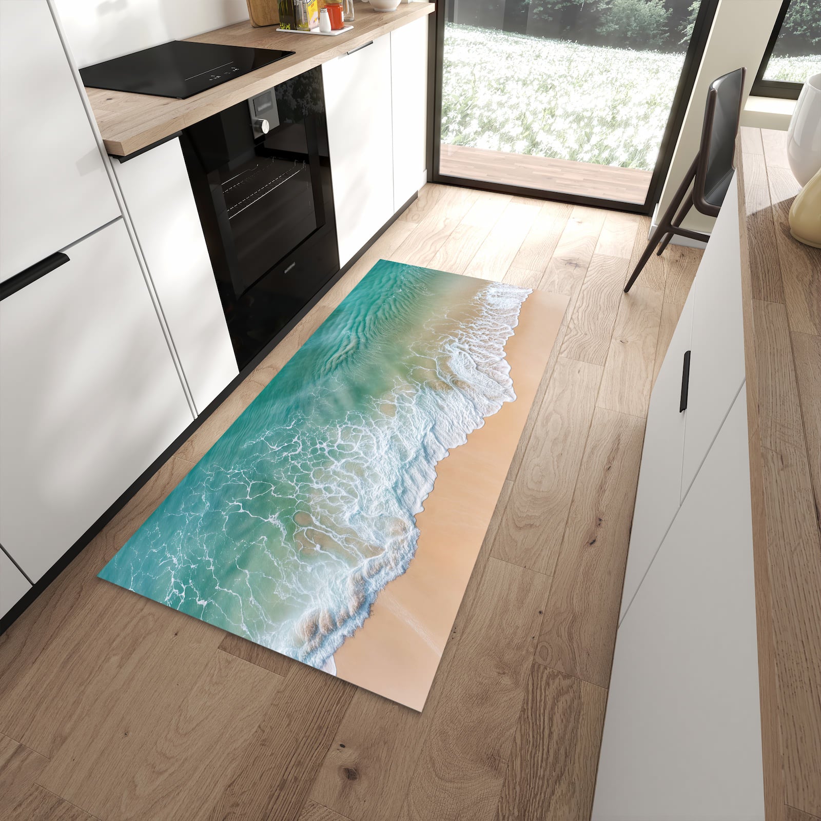 Hygienischer Küchenläufer mit Motiv Stille Meereswellen in moderner Küche