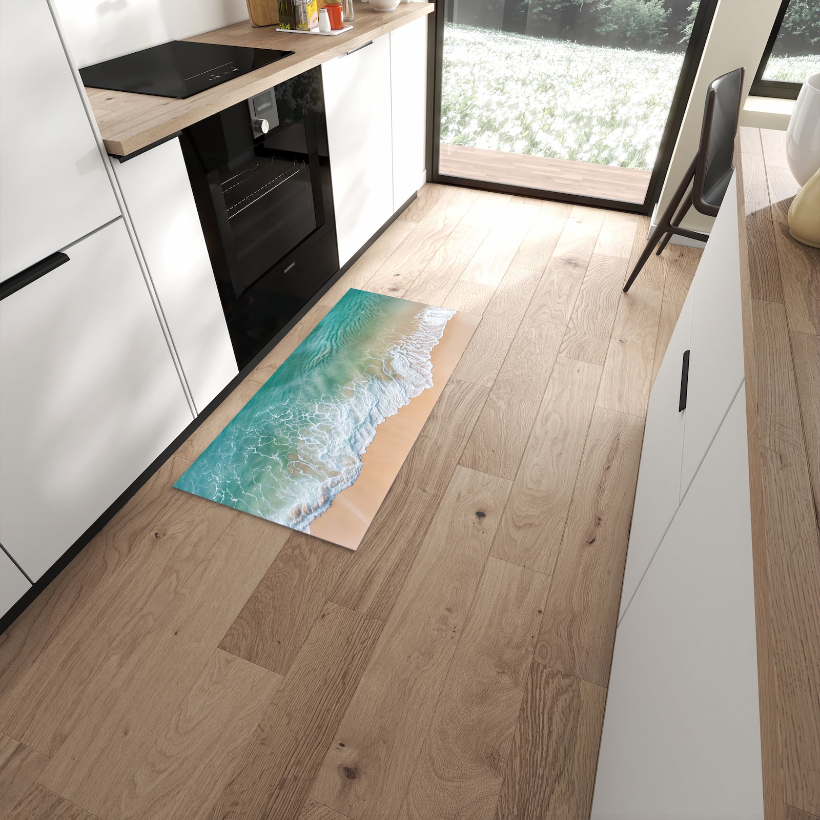 Wasserabweisender Küchenteppich mit Motiv Stille Meereswellen in moderner Küche #grösse_60 x 120 cm