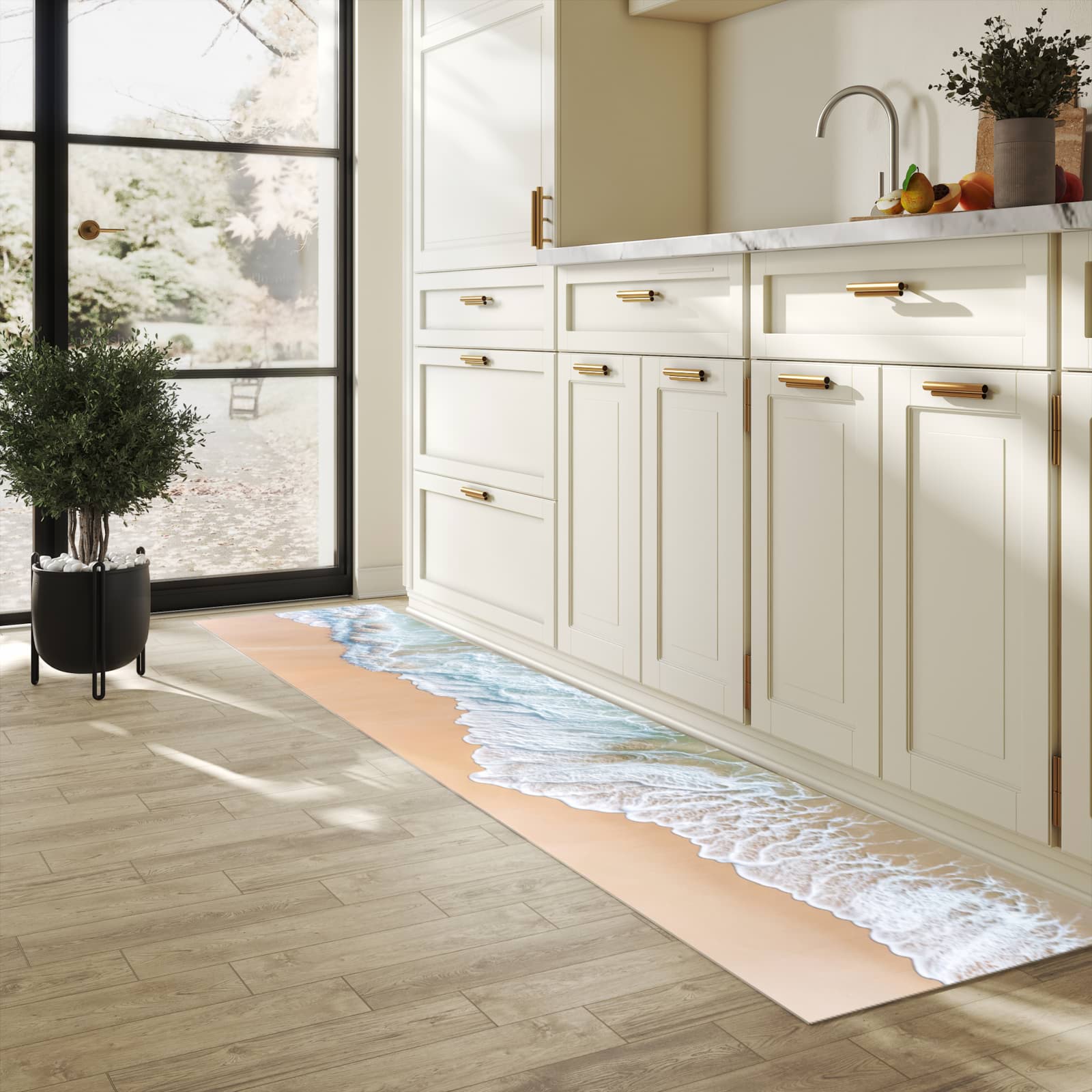 Rutschfester Läufer mit Motiv Stille Meereswellen für Eingangsbereich in heller Küche