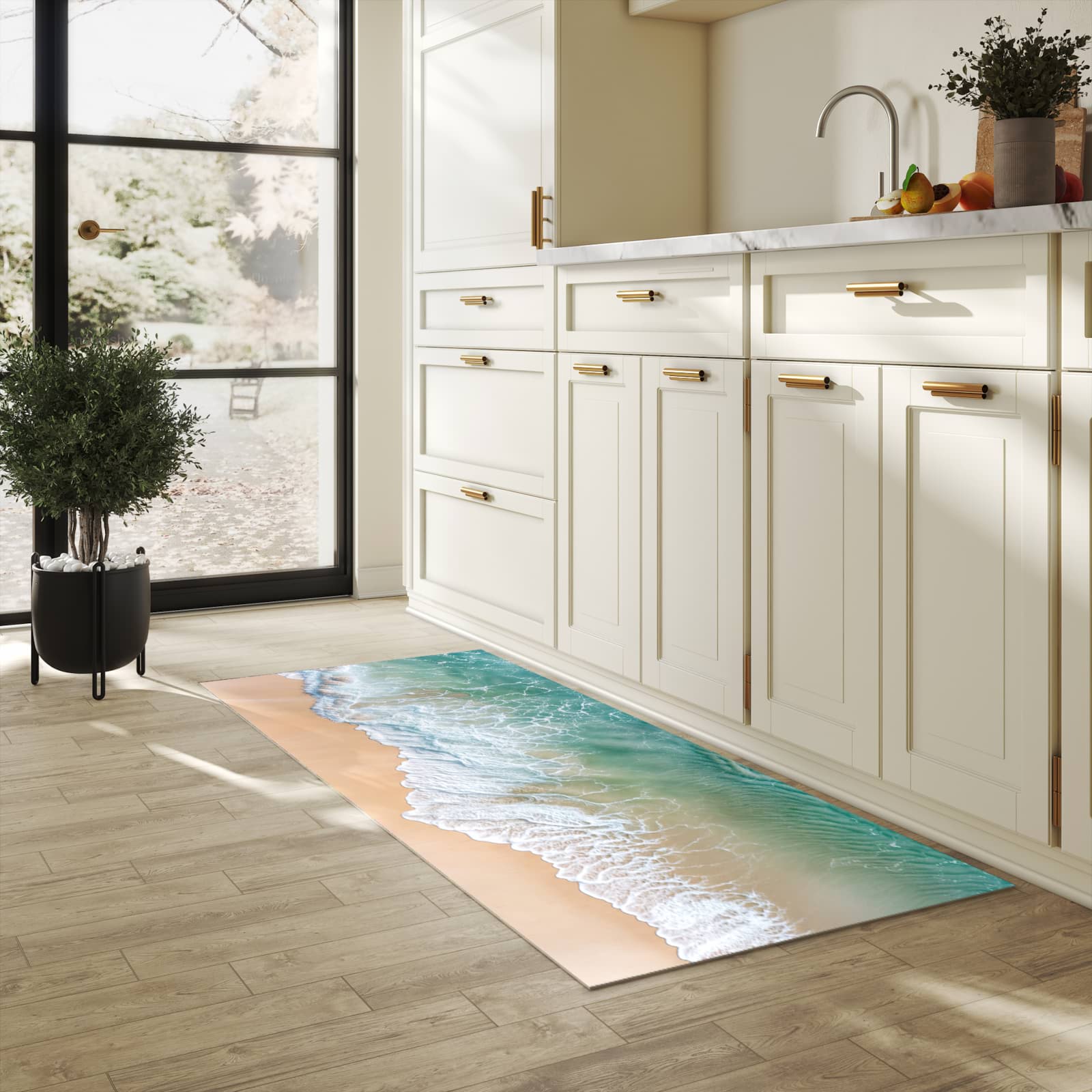 Dünner Küchenteppich mit Motiv Stille Meereswellen in heller Küche für angenehme Haptik