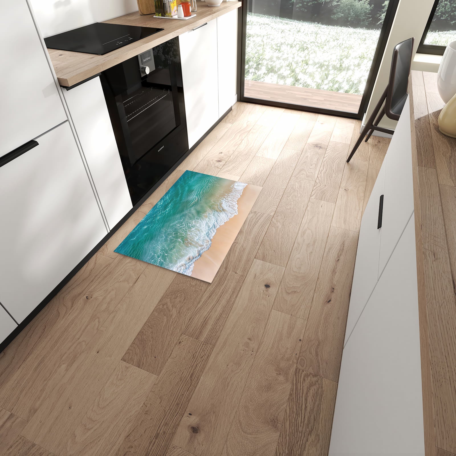 Pflegeleichter waschbarer Küchenteppich mit Motiv Stille Meereswellen in moderner Küche