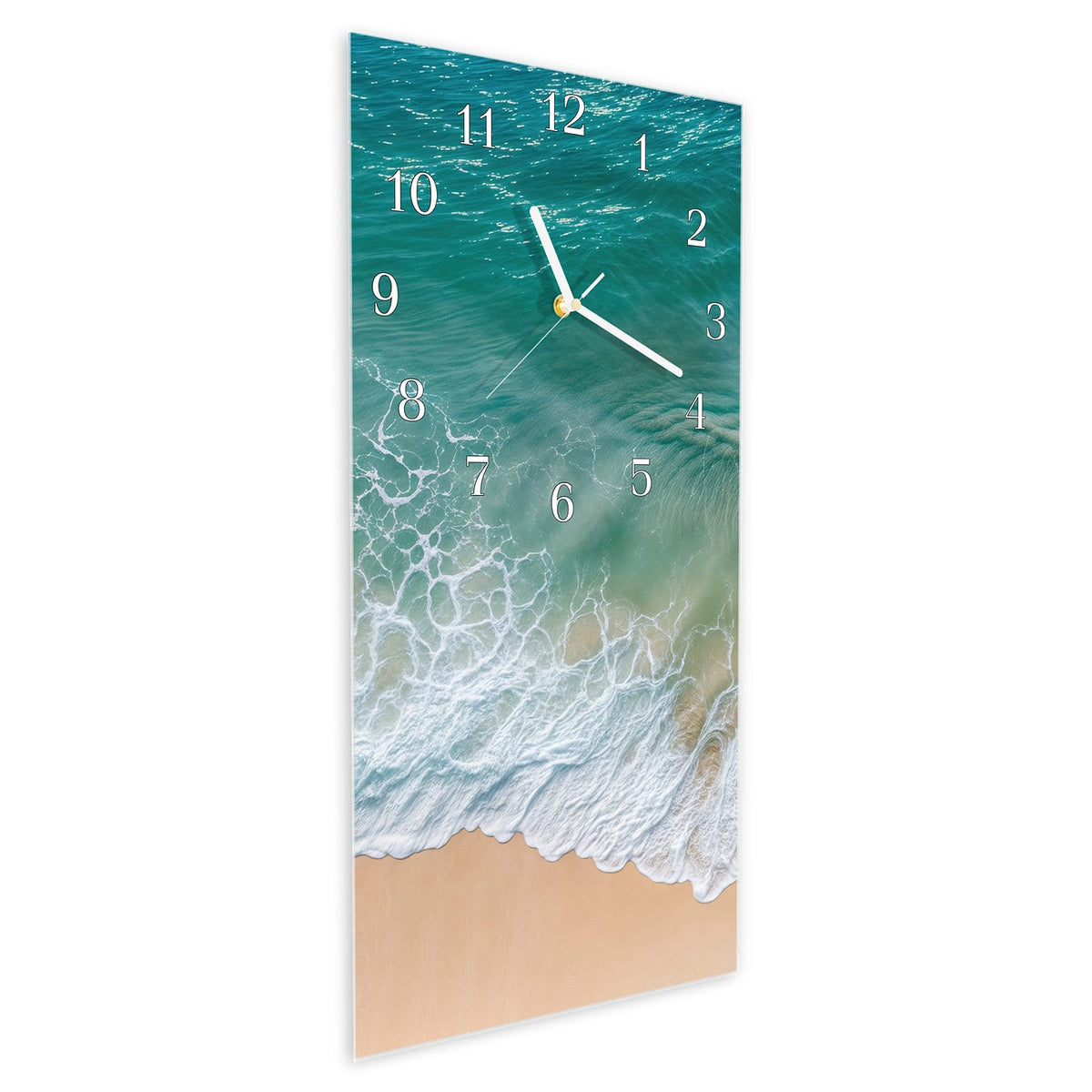 Vormontiert – mit Schwebeeffekt – Wanduhr Stille Meereswellen aus Glas – Hochformat 30 × 60 cm