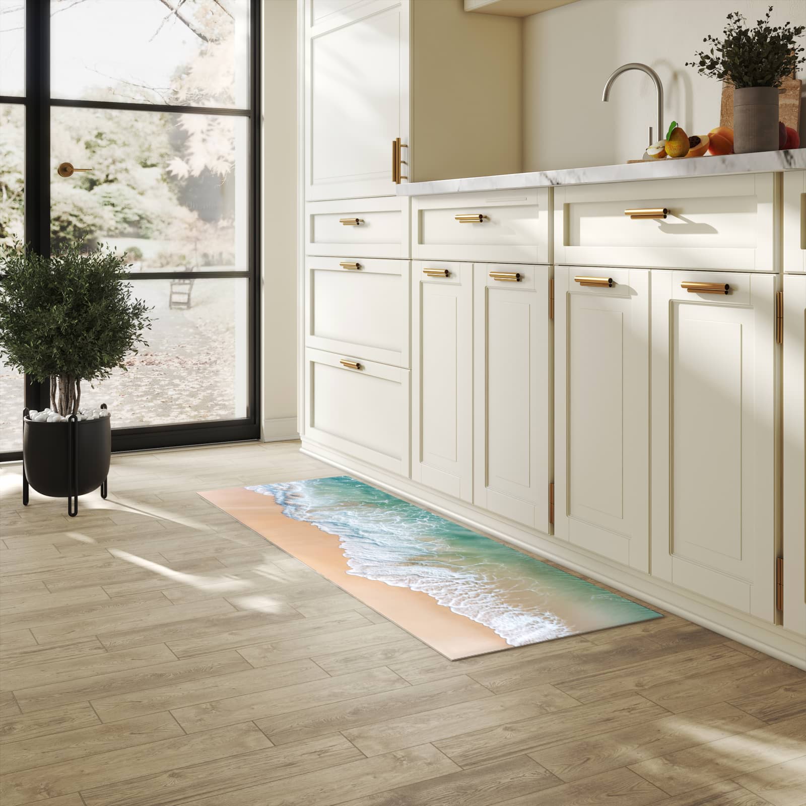 Flacher waschbarer Läufer für die Küche mit Motiv Stille Meereswellen in heller Küche