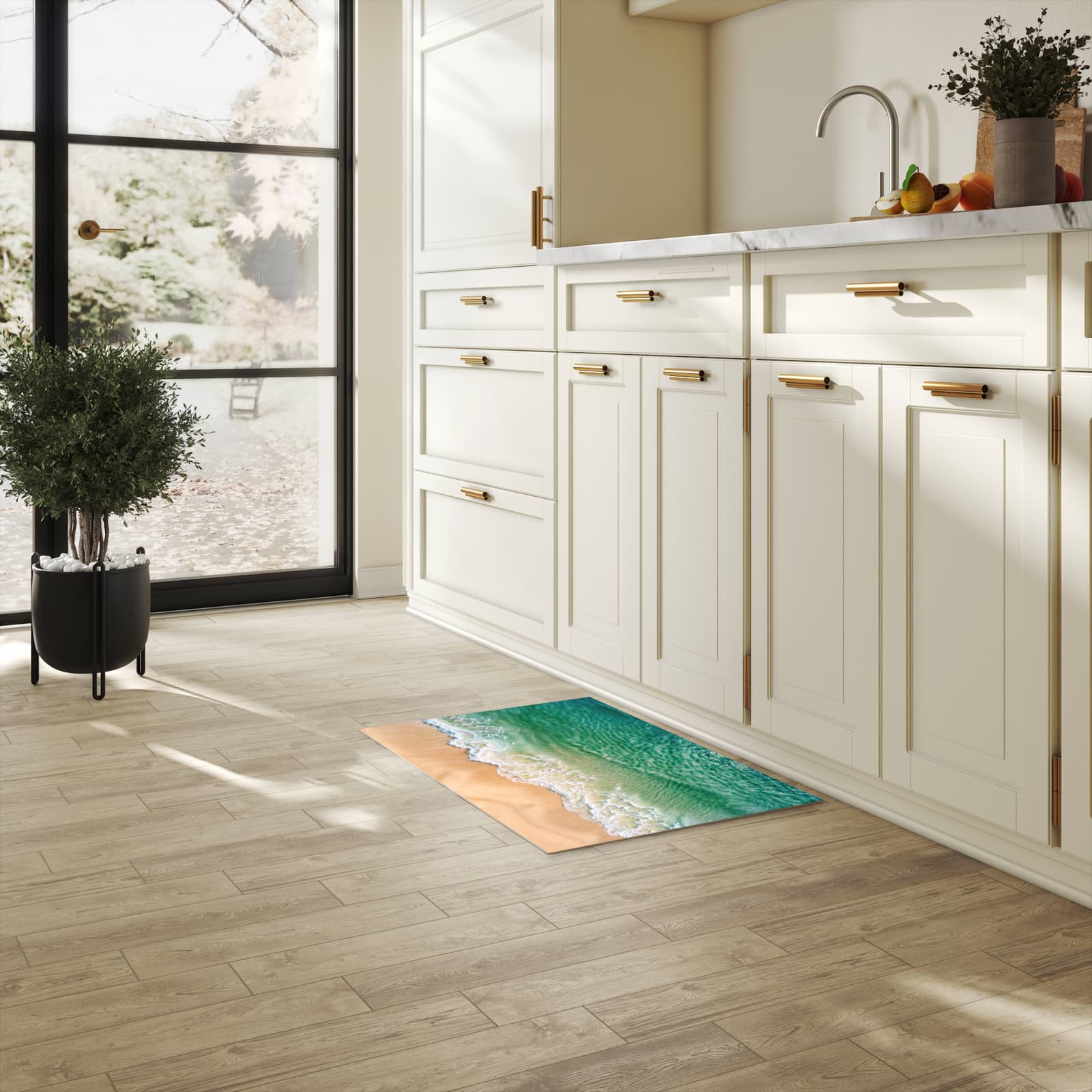 Rutschfester Küchenteppich mit Motiv Warme Meereswellen in heller Küche