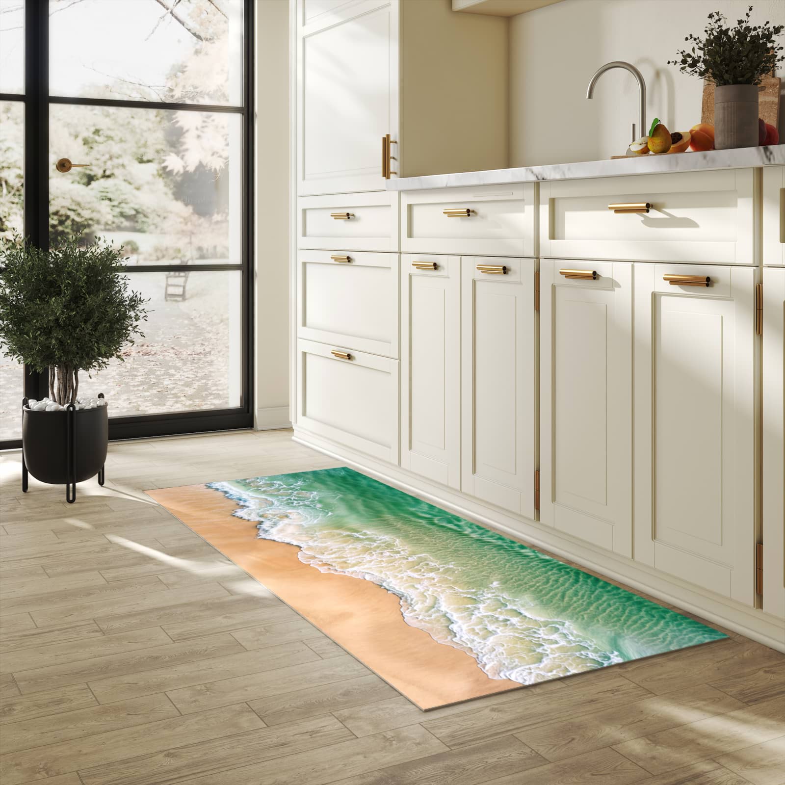 Abriebfester Läufer für die Küche mit Motiv Warme Meereswellen in heller Küche