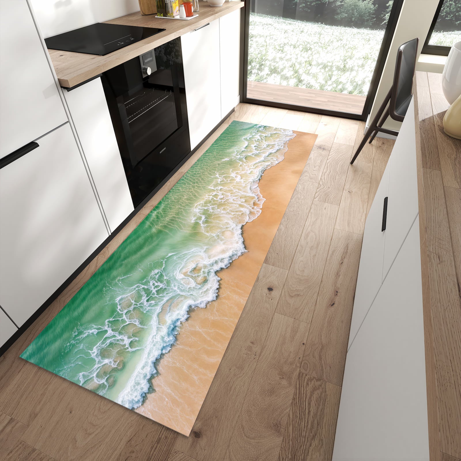 Waschbarer Teppich fürs Esszimmer mit Motiv Warme Meereswellen in moderner Küche