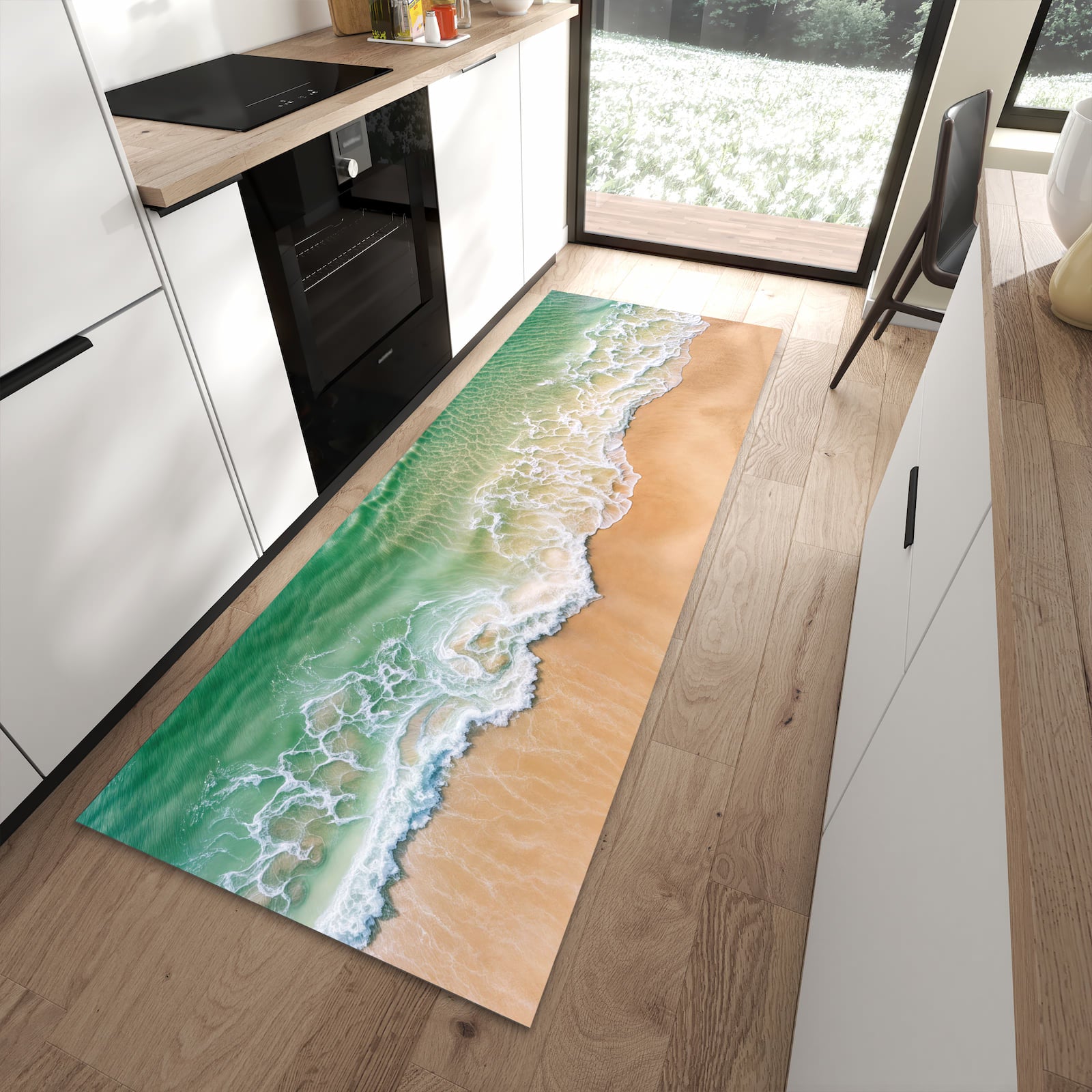 Komfortabler Bodenläufer-Teppich mit Motiv Warme Meereswellen in moderner Küche