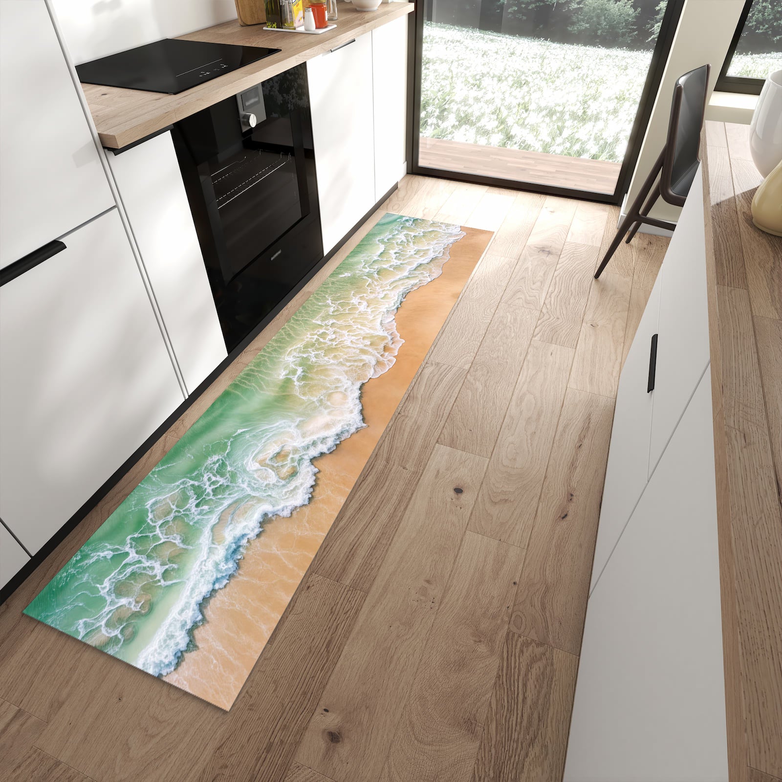 Küchenläufer mit Motiv Warme Meereswellen für Ordnung im Eingangsbereich moderner Küche