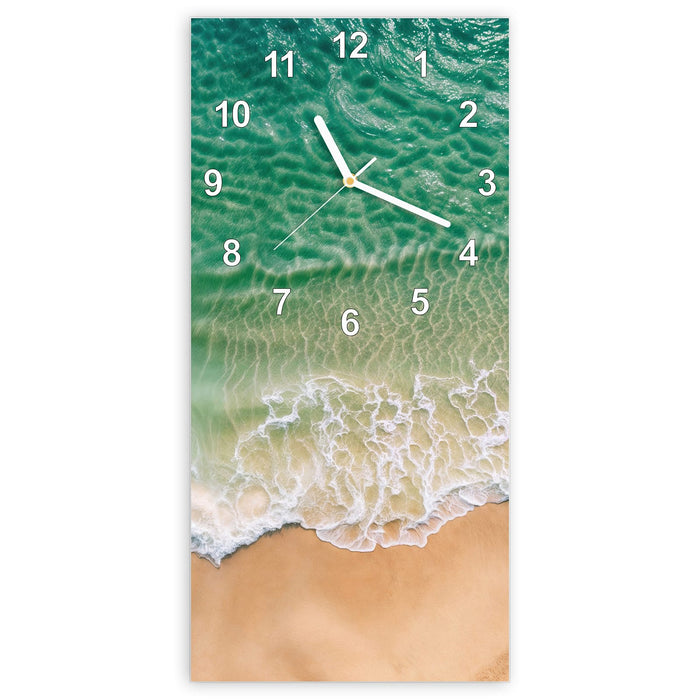 Wanduhr Warme Meereswellen aus Glas – Hochformat 30 × 60 cm mit Ziffernblatt Modern