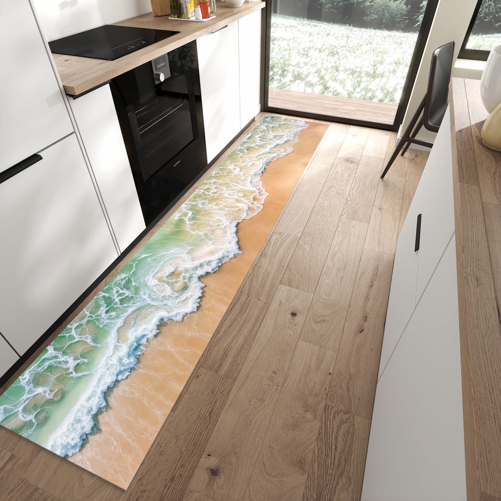 Farbbeständiger dünner Teppich mit Motiv Warme Meereswellen in moderner Küche