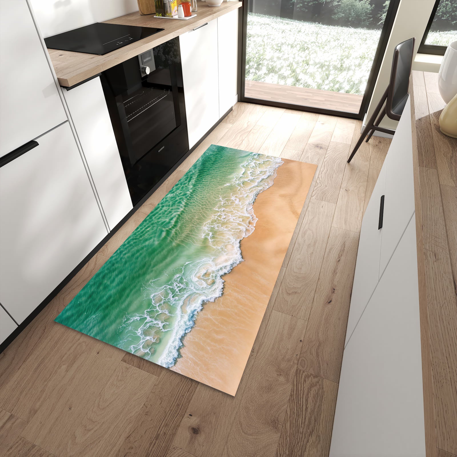 UV-beständiger Bodenläufer mit Motiv Warme Meereswellen in moderner Küche
