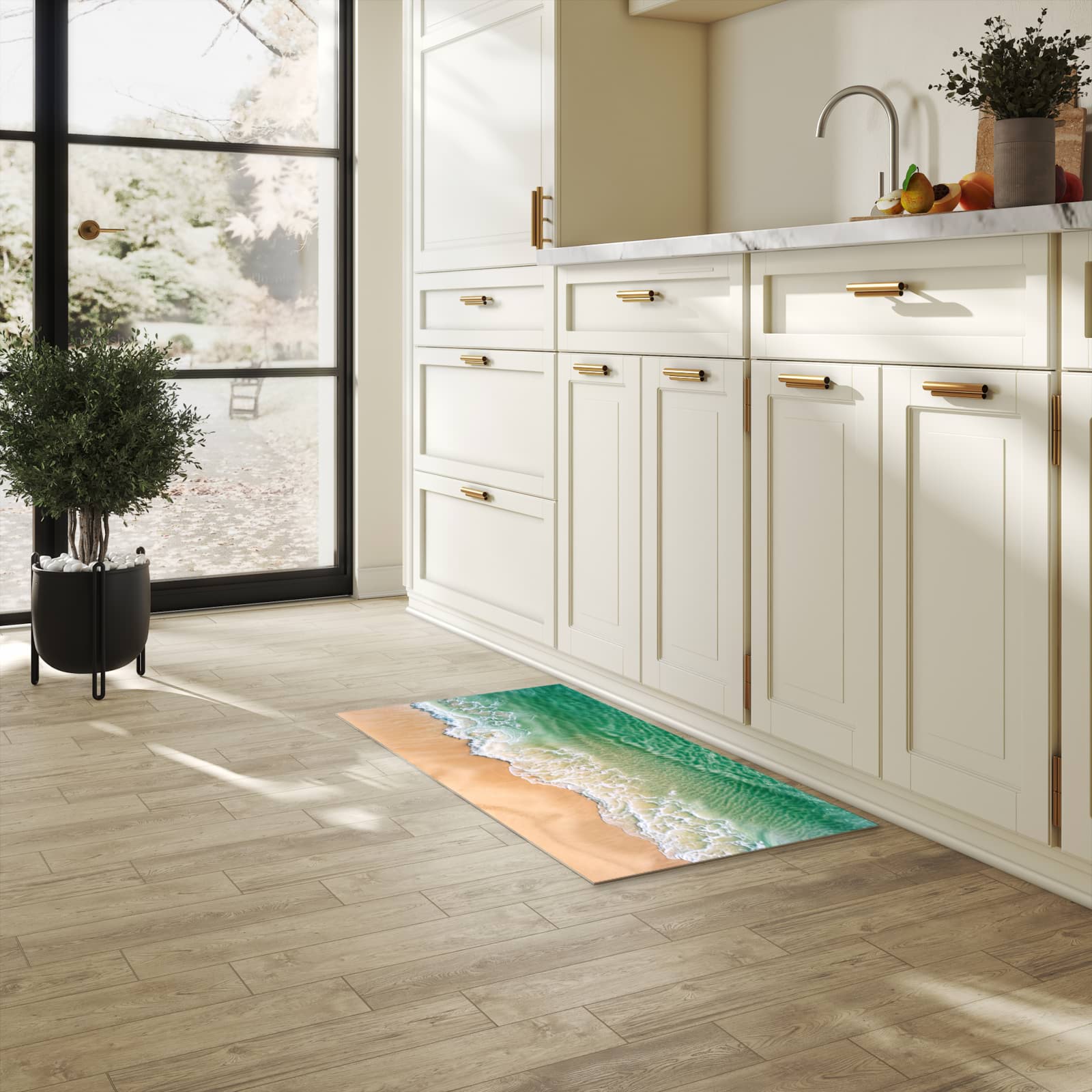 Pflegeleichter Küchenteppich mit Motiv Warme Meereswellen in heller Küche