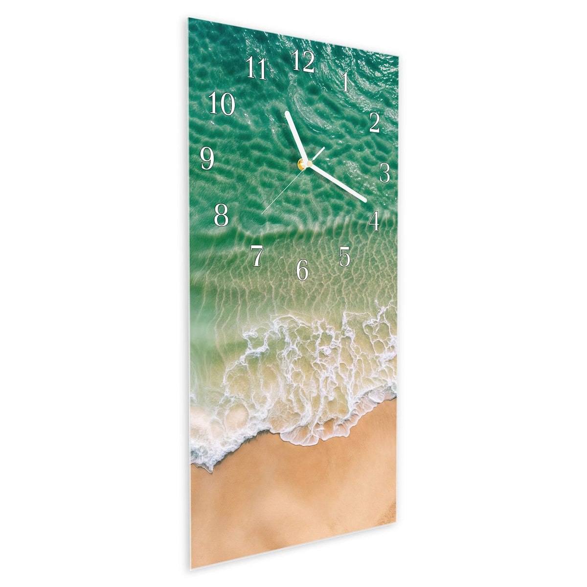 Vormontiert – mit Schwebeeffekt – Wanduhr Warme Meereswellen aus Glas – Hochformat 30 × 60 cm
